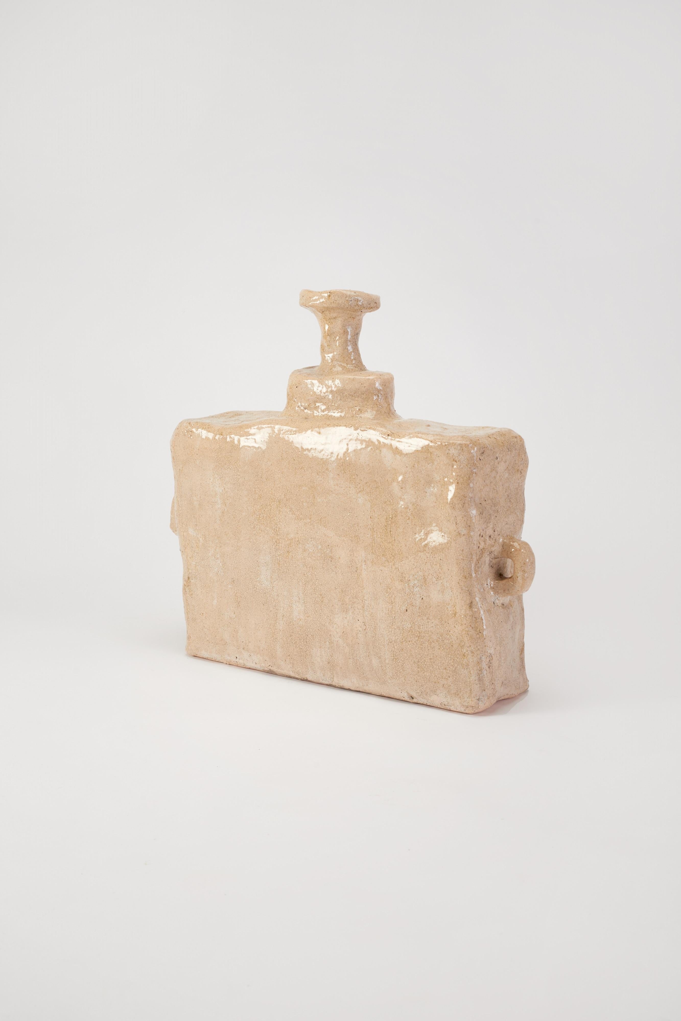 Dutch Contemporary Block Form, Plain Beige Flat Ceramic Vessel by Willem Van Hooff For Sale