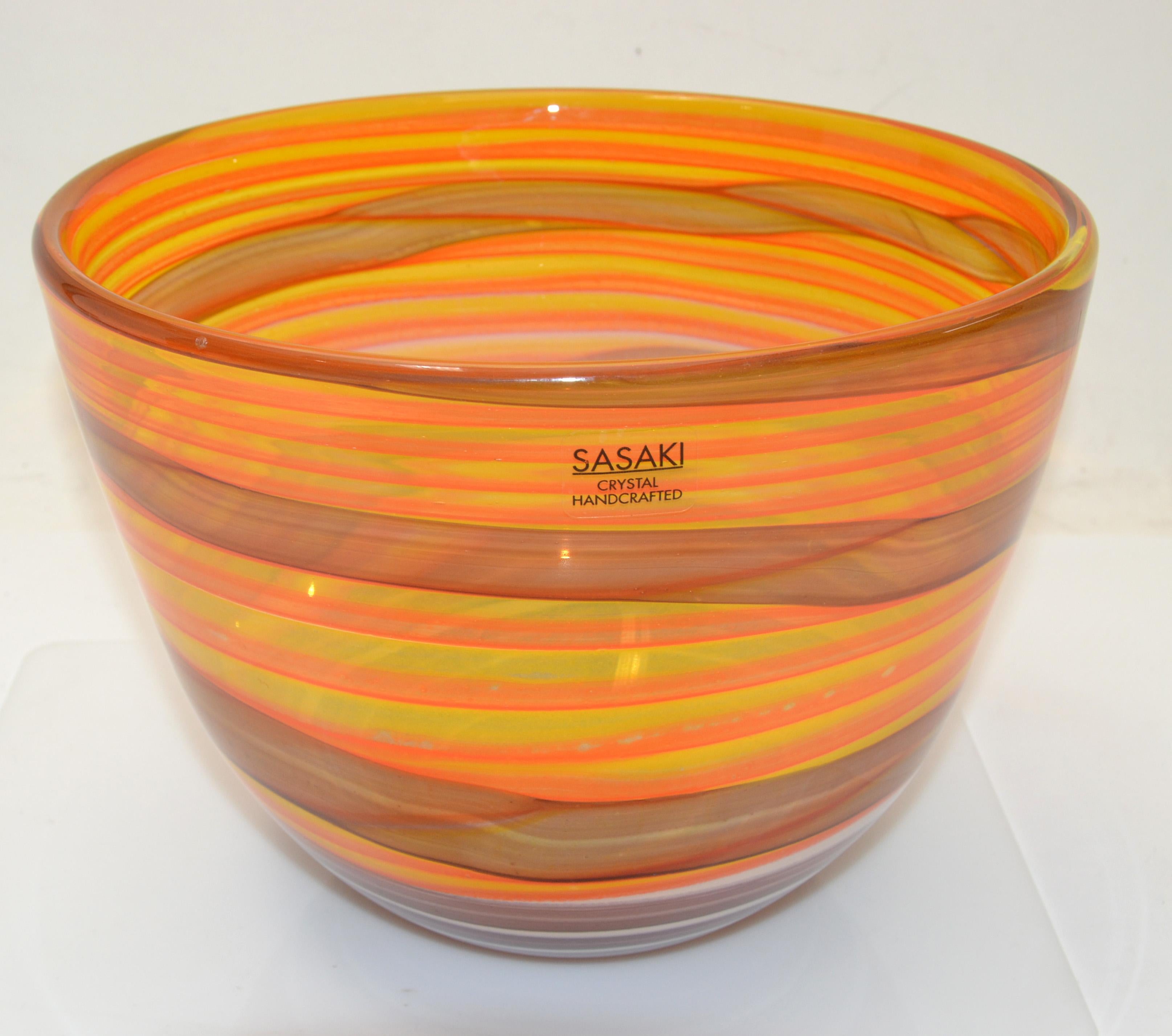 Sasaki Sengai Japan Orange Swirl Crystal Bowl Handcrafted Mid-Century Modern 80 For Sale 3