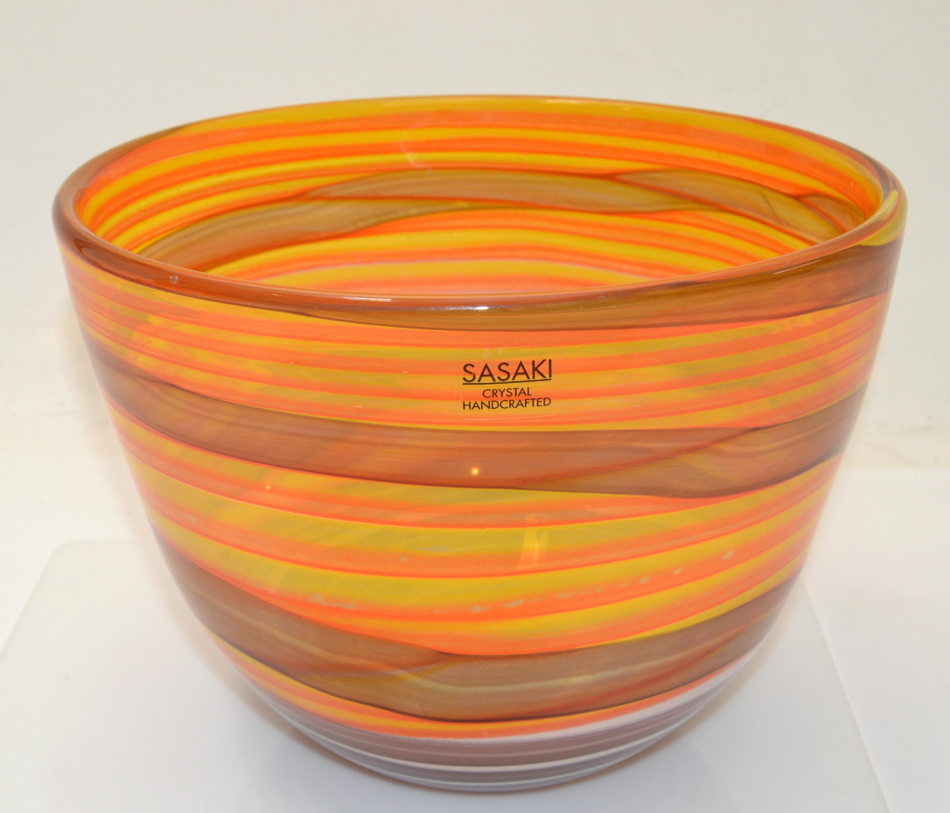 Signed Sasaki Sengai round lead crystal flower vase or decorative bowl in swirled hues of orange with white. 
Marked with Label. 
The bowl is very heavy.
 