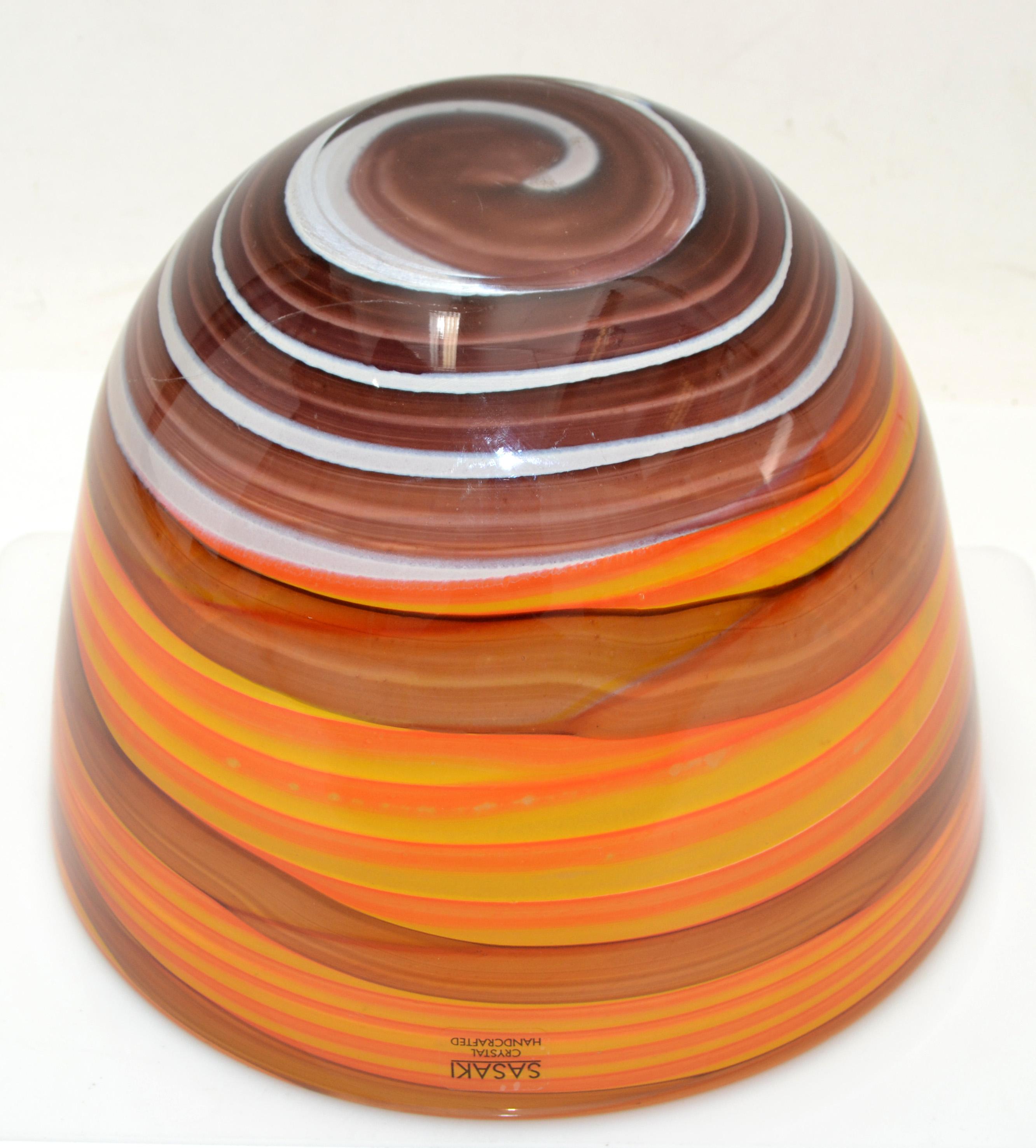 Late 20th Century Sasaki Sengai Japan Orange Swirl Crystal Bowl Handcrafted Mid-Century Modern 80 For Sale
