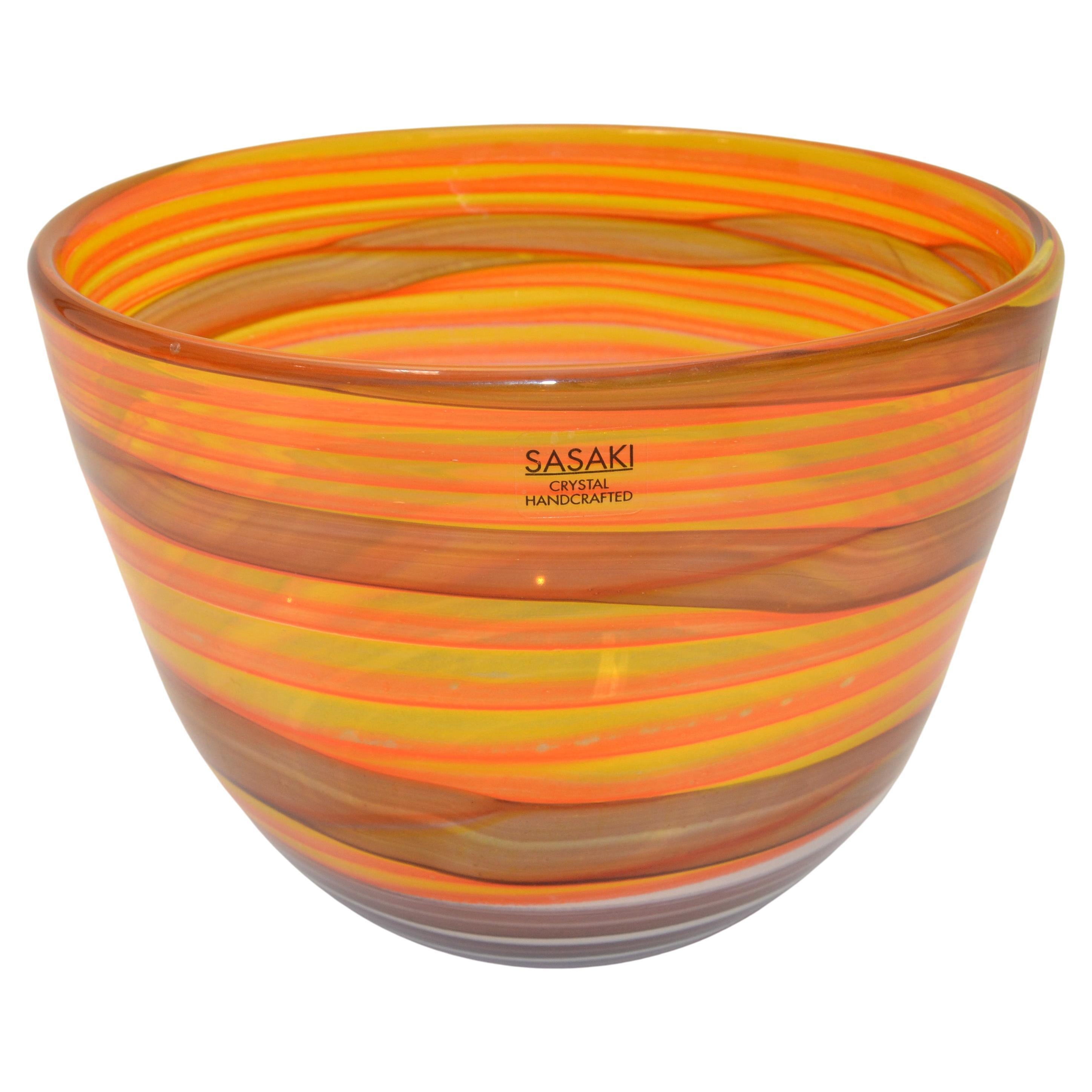 Sasaki Sengai Japan Orange Swirl Crystal Bowl Handcrafted Mid-Century Modern 80 For Sale