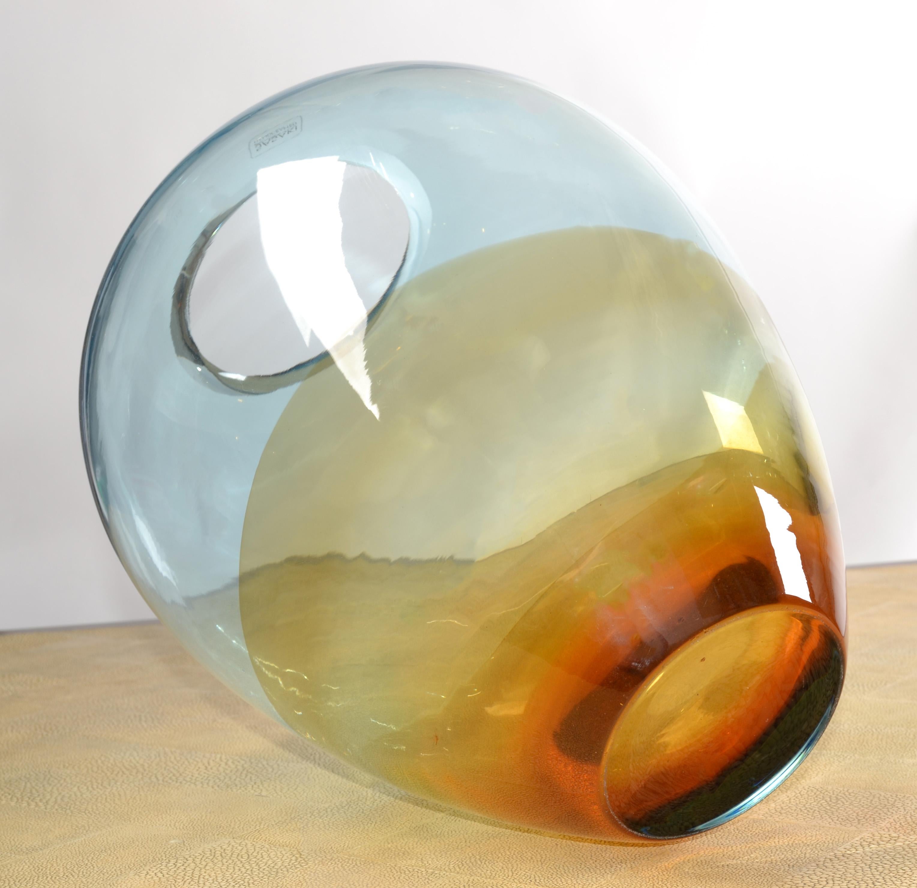 Sasaki Sengai Japan Signed Amber Gold Baby Blue Glass Vase Mid-Century Modern  For Sale 4