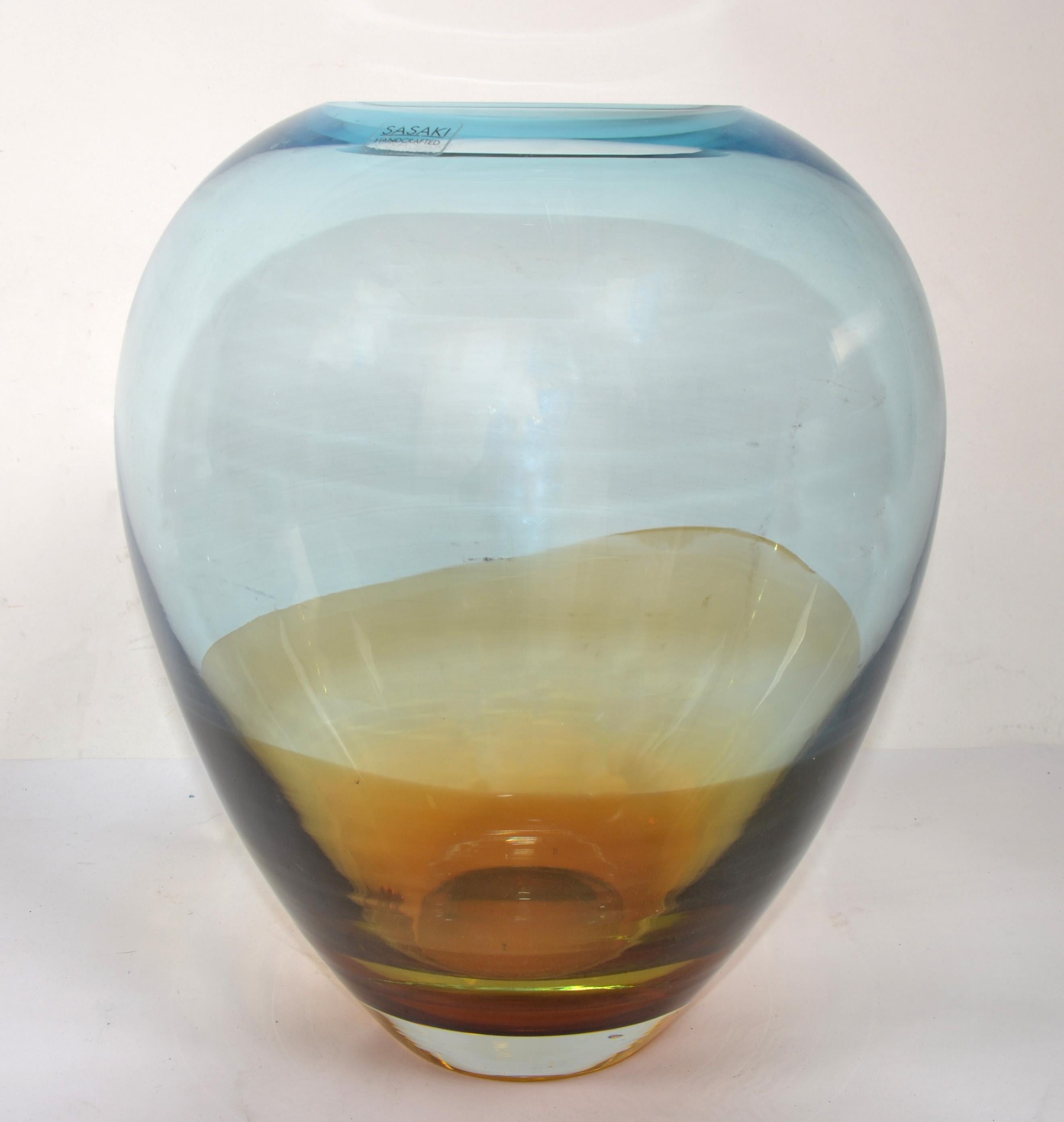 Sasaki Sengai Japan Signed Amber Gold Baby Blue Glass Vase Mid-Century Modern  For Sale 6