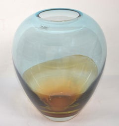 Sasaki Sengai Japan Signed Amber Gold Baby Blue Glass Vase Mid-Century Modern