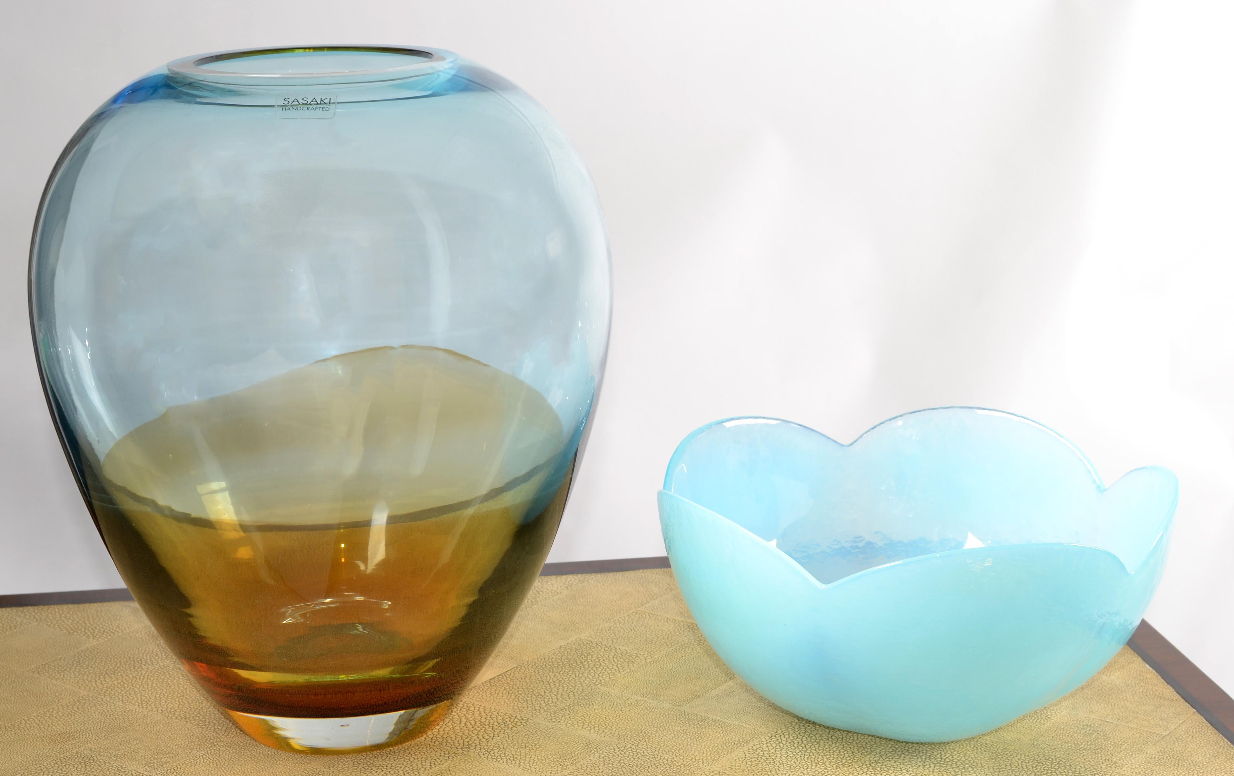 Japanese Sasaki Sengai Japan Signed Amber Gold Baby Blue Glass Vase Mid-Century Modern  For Sale