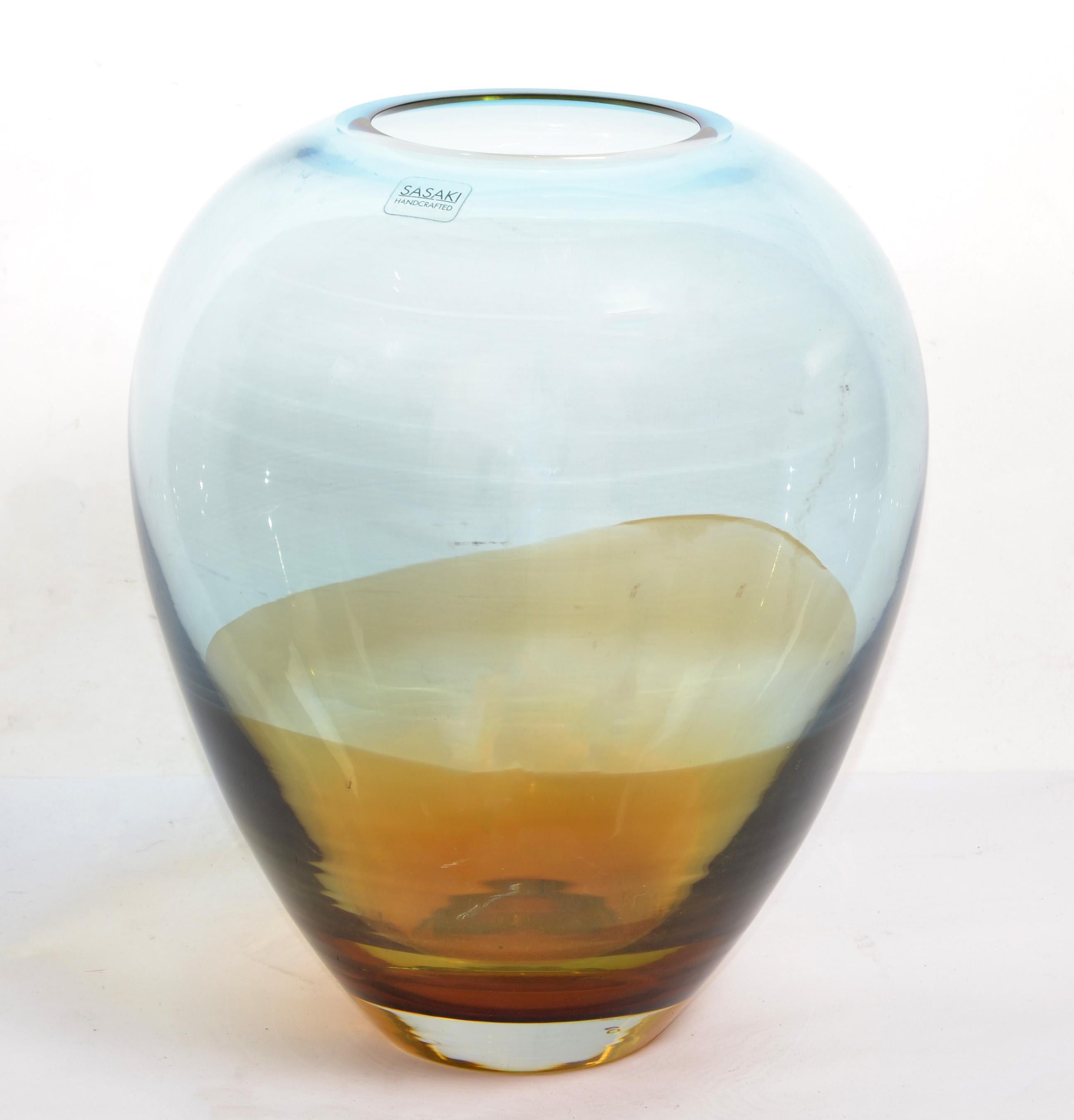 Hand-Crafted Sasaki Sengai Japan Signed Amber Gold Baby Blue Glass Vase Mid-Century Modern  For Sale