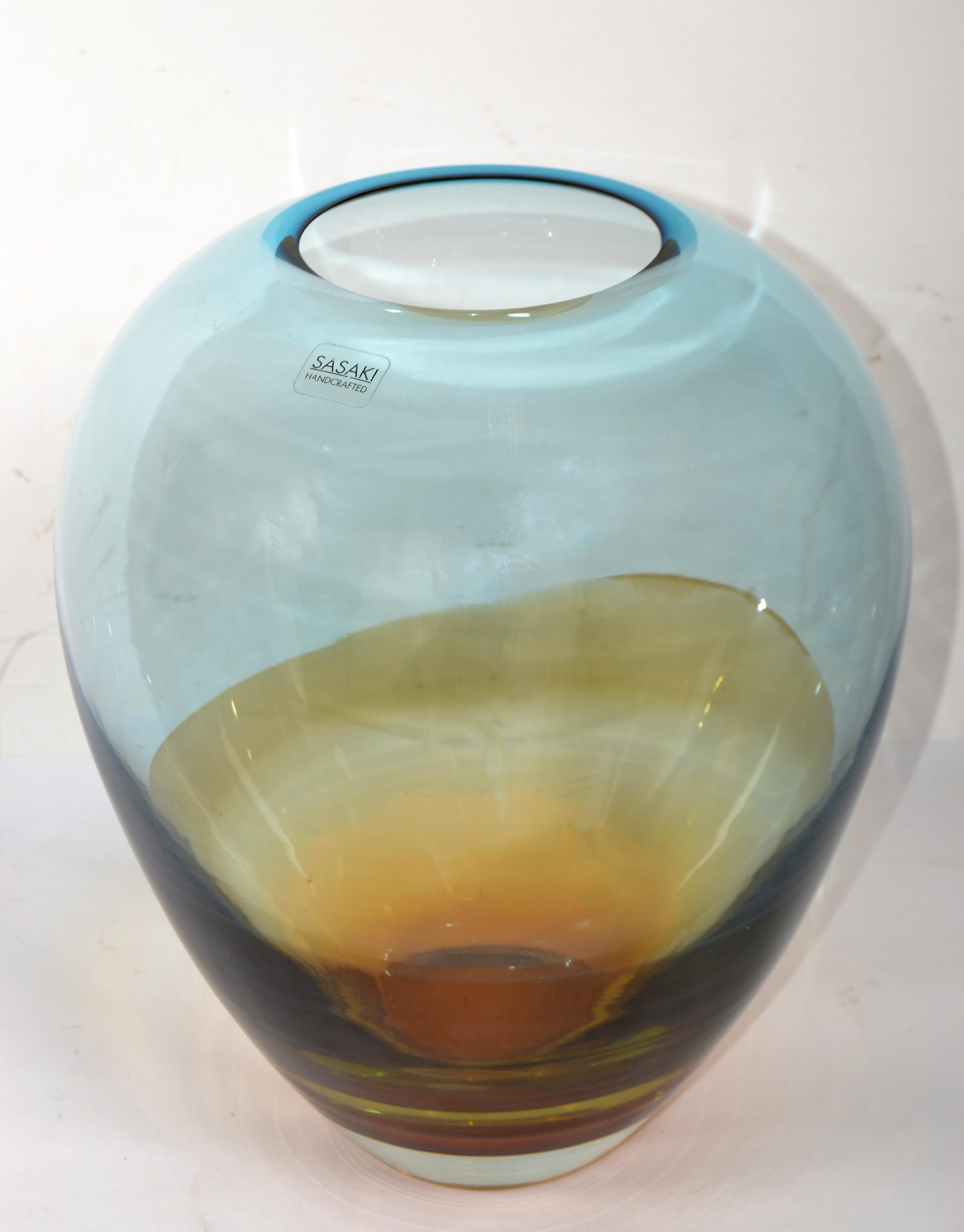 Sasaki Sengai Japan Signed Amber Gold Baby Blue Glass Vase Mid-Century Modern  In Good Condition For Sale In Miami, FL
