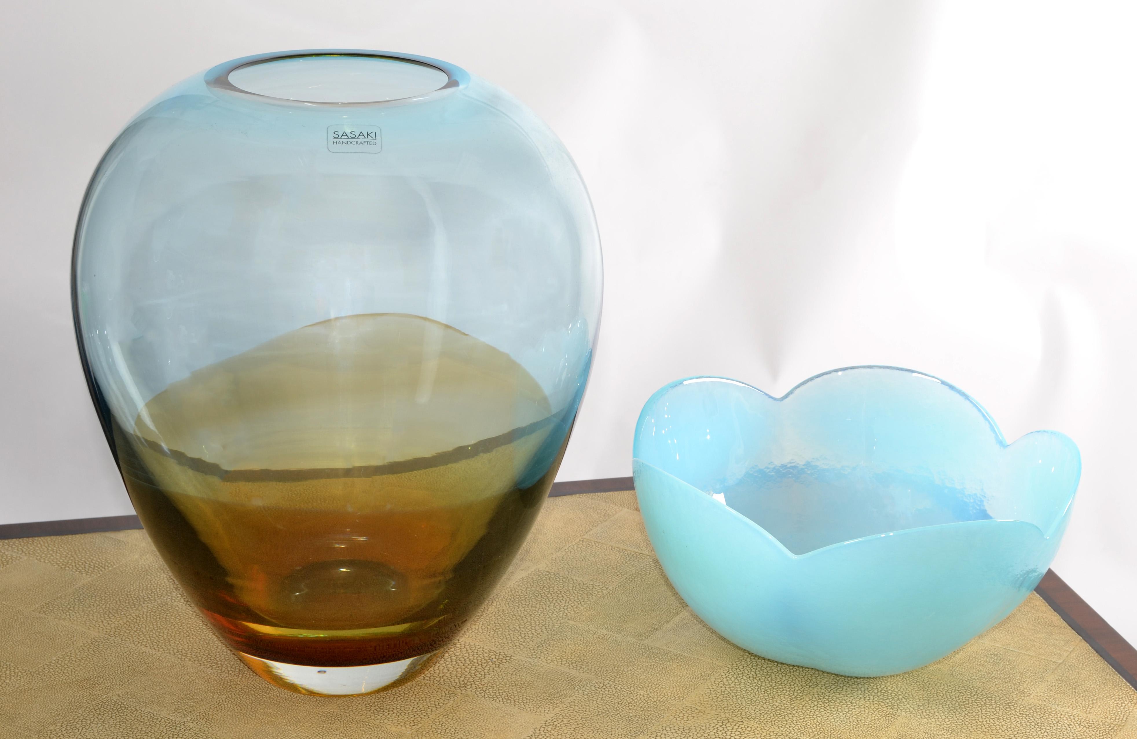 Late 20th Century Sasaki Sengai Japan Signed Amber Gold Baby Blue Glass Vase Mid-Century Modern  For Sale
