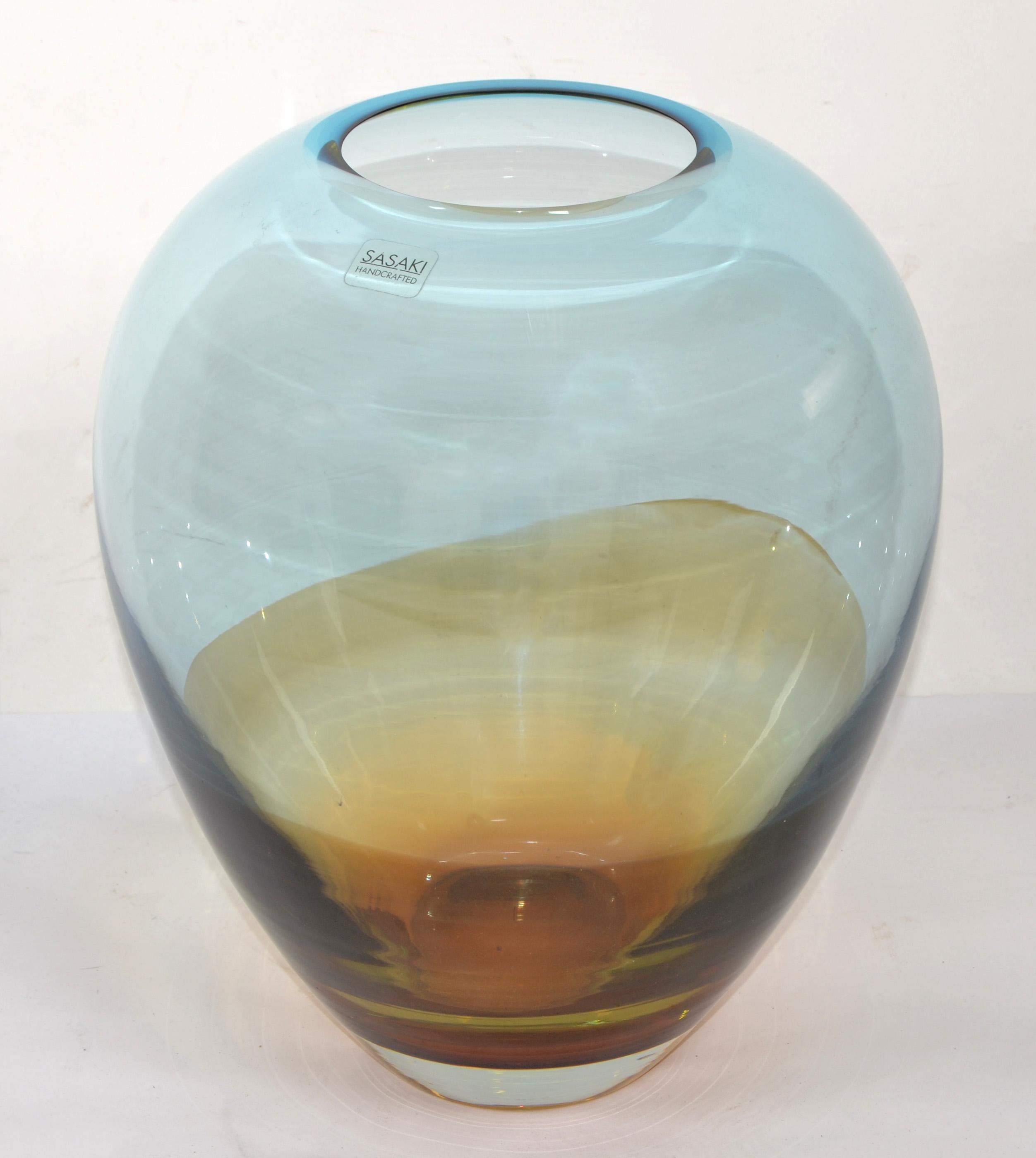 Art Glass Sasaki Sengai Japan Signed Amber Gold Baby Blue Glass Vase Mid-Century Modern  For Sale