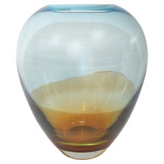 Used Sasaki Sengai Japan Signed Amber Gold Baby Blue Glass Vase Mid-Century Modern 