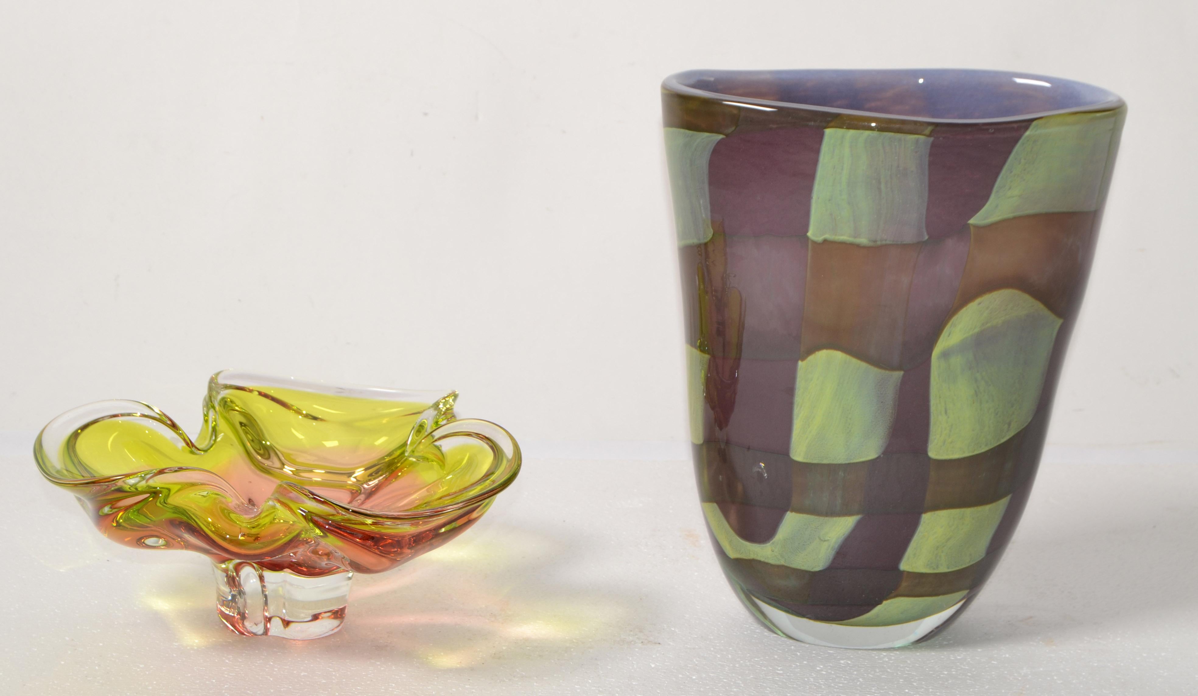 Art Glass Sasaki Sengai Japan Signed Purple Green Encased Glass Vase Mid-Century Modern For Sale