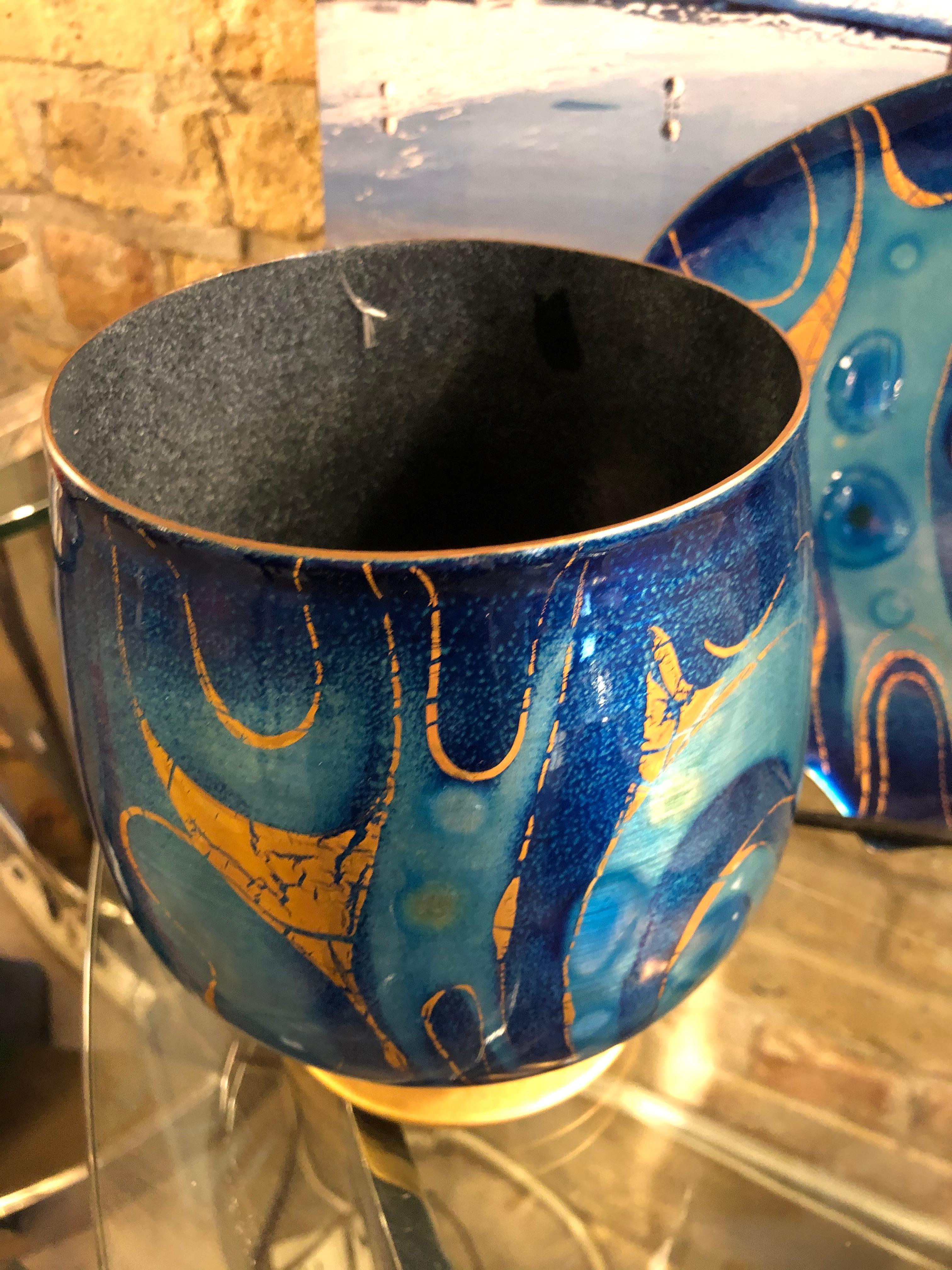 Mid-Century Modern Sascha Brastoff Gilt and Blue Enameled Ceramic Bowl
