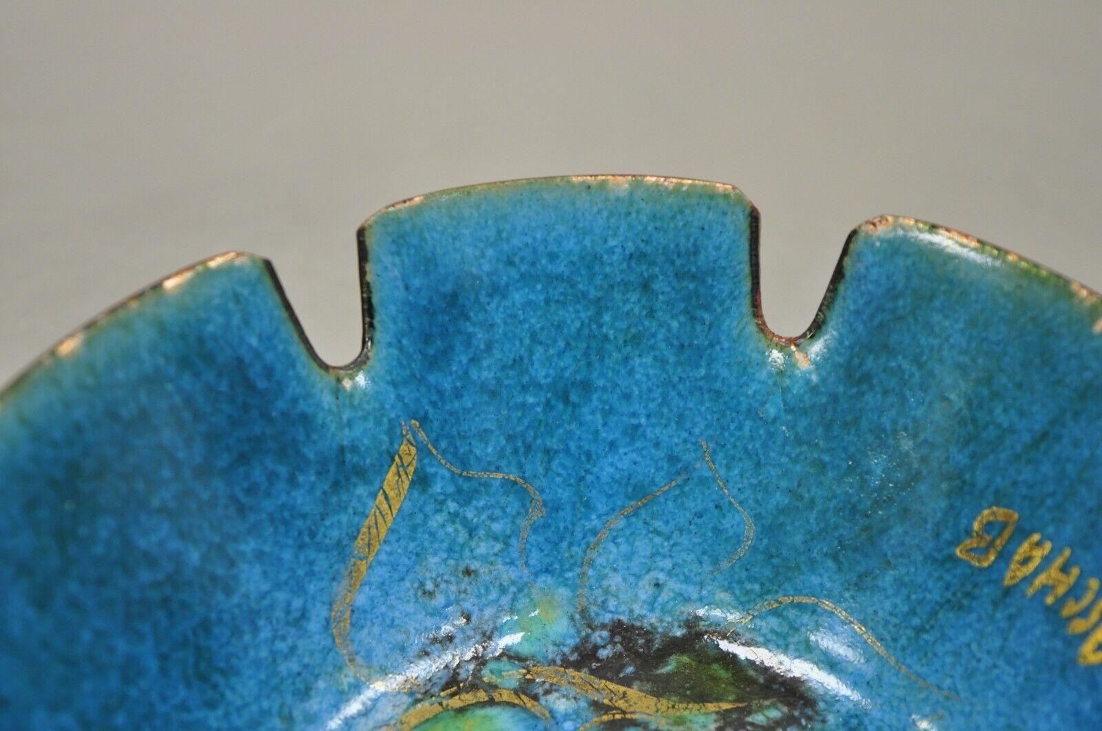 Sascha Brastoff Mid-Century Modern Blue Porcelain Enamel Copper Ashtray Dish In Good Condition In Philadelphia, PA