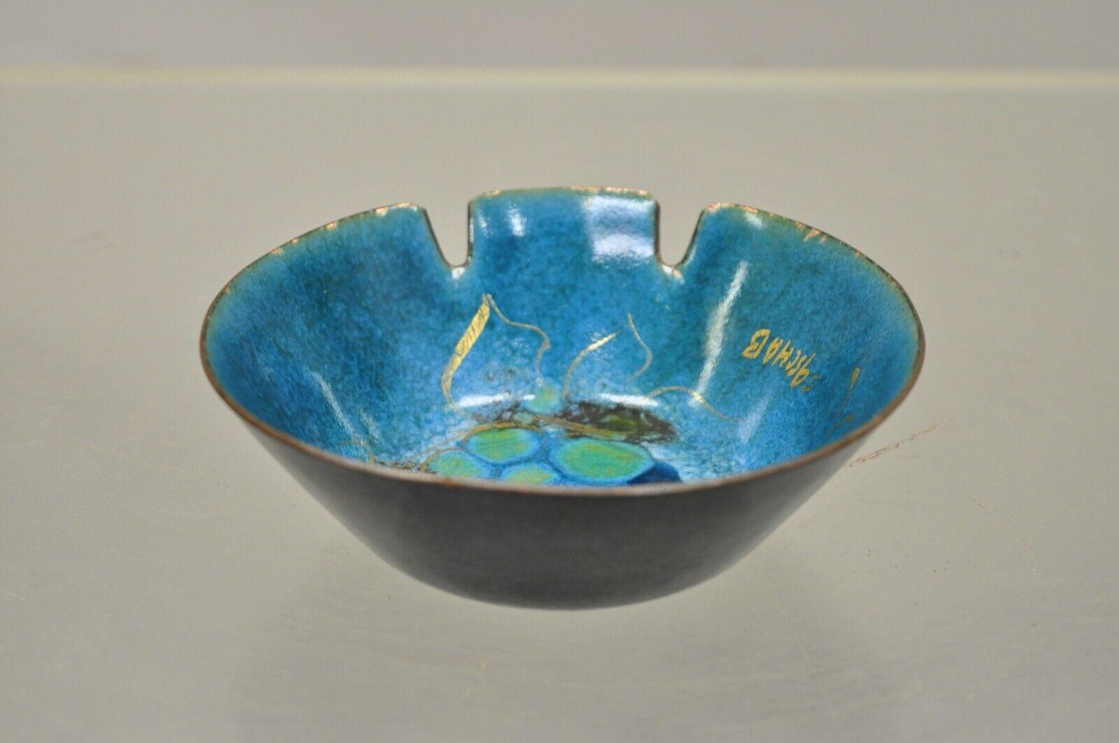 Sascha Brastoff Mid-Century Modern Blue Porcelain Enamel Copper Ashtray Dish 4