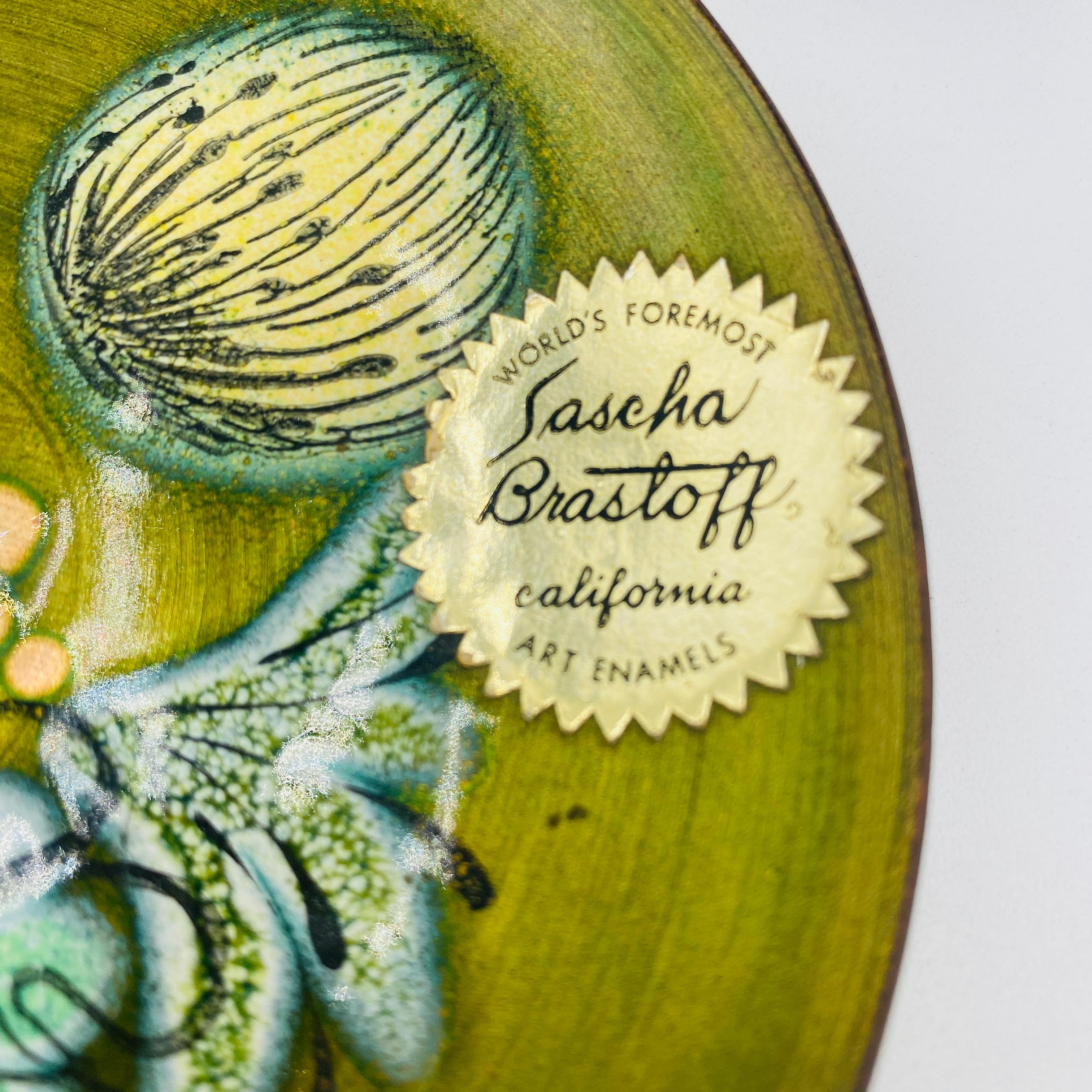 American Sascha Brastoff Mid-Century Modern Green Porcelain Enamel Copper Ashtray Dish For Sale