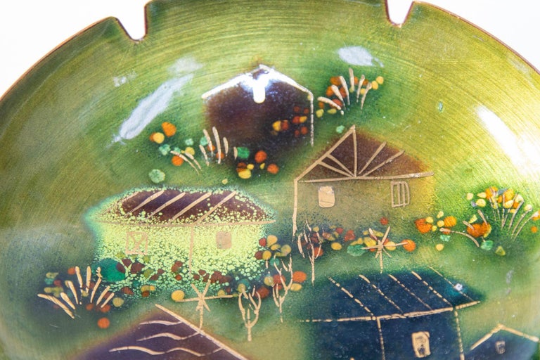 Sascha Brastoff Midcentury Signed Green Enamel Ashtray, Candy Dish