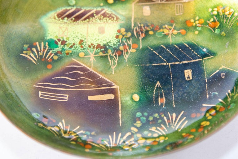 Sascha Brastoff Midcentury Signed Green Enamel Ashtray, Candy Dish