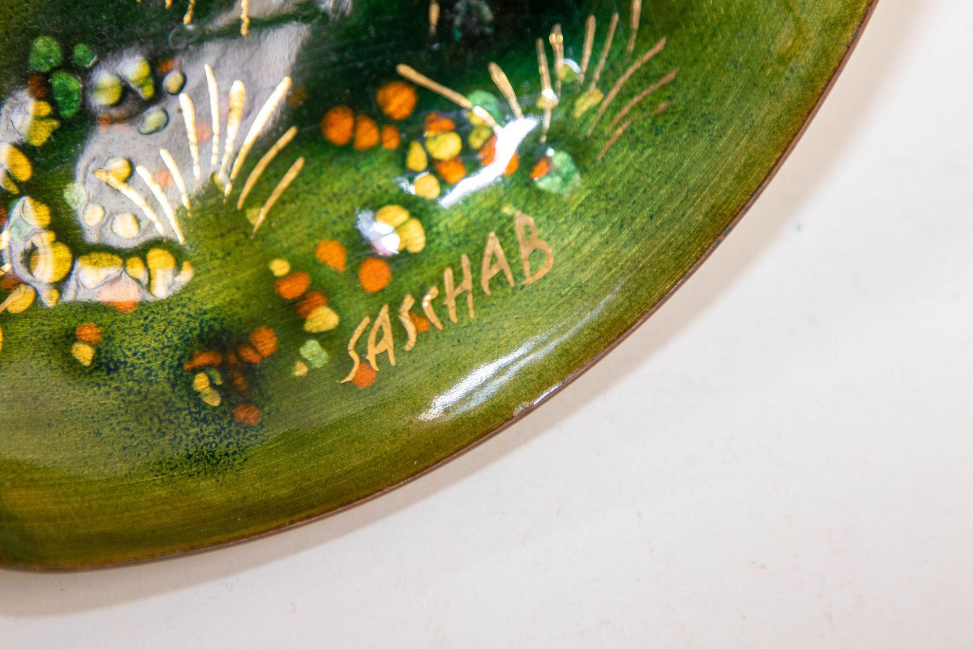 American Sascha Brastoff Midcentury Signed Green Enamel Ashtray, Candy Dish, 1950s For Sale