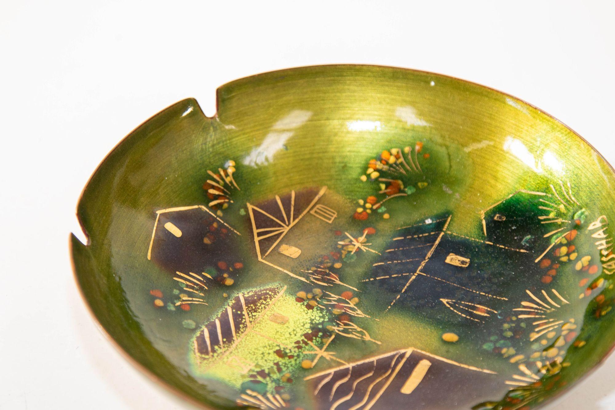 Hand-Crafted Sascha Brastoff Midcentury Signed Green Enamel Ashtray, Candy Dish, 1950s For Sale