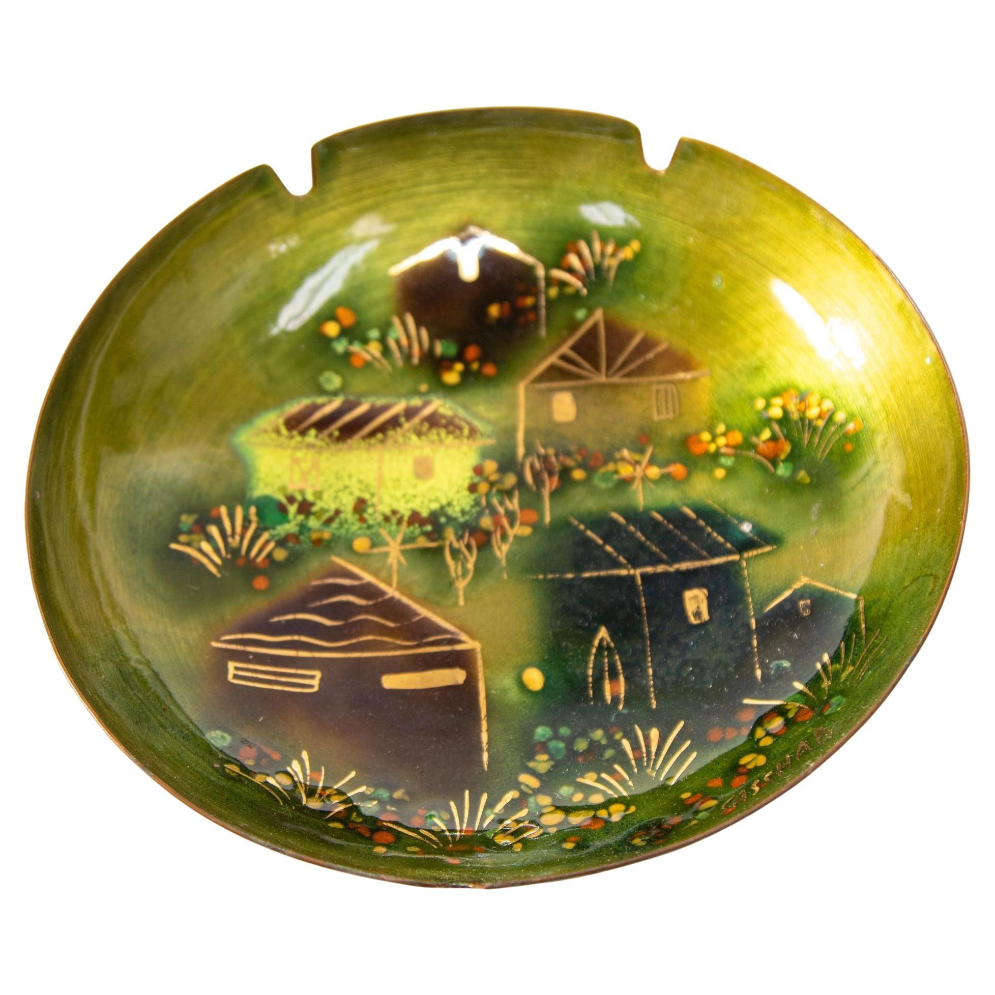 Sascha Brastoff Cenicero de esmalte verde firmado de mediados de siglo, Candy Dish, años 50