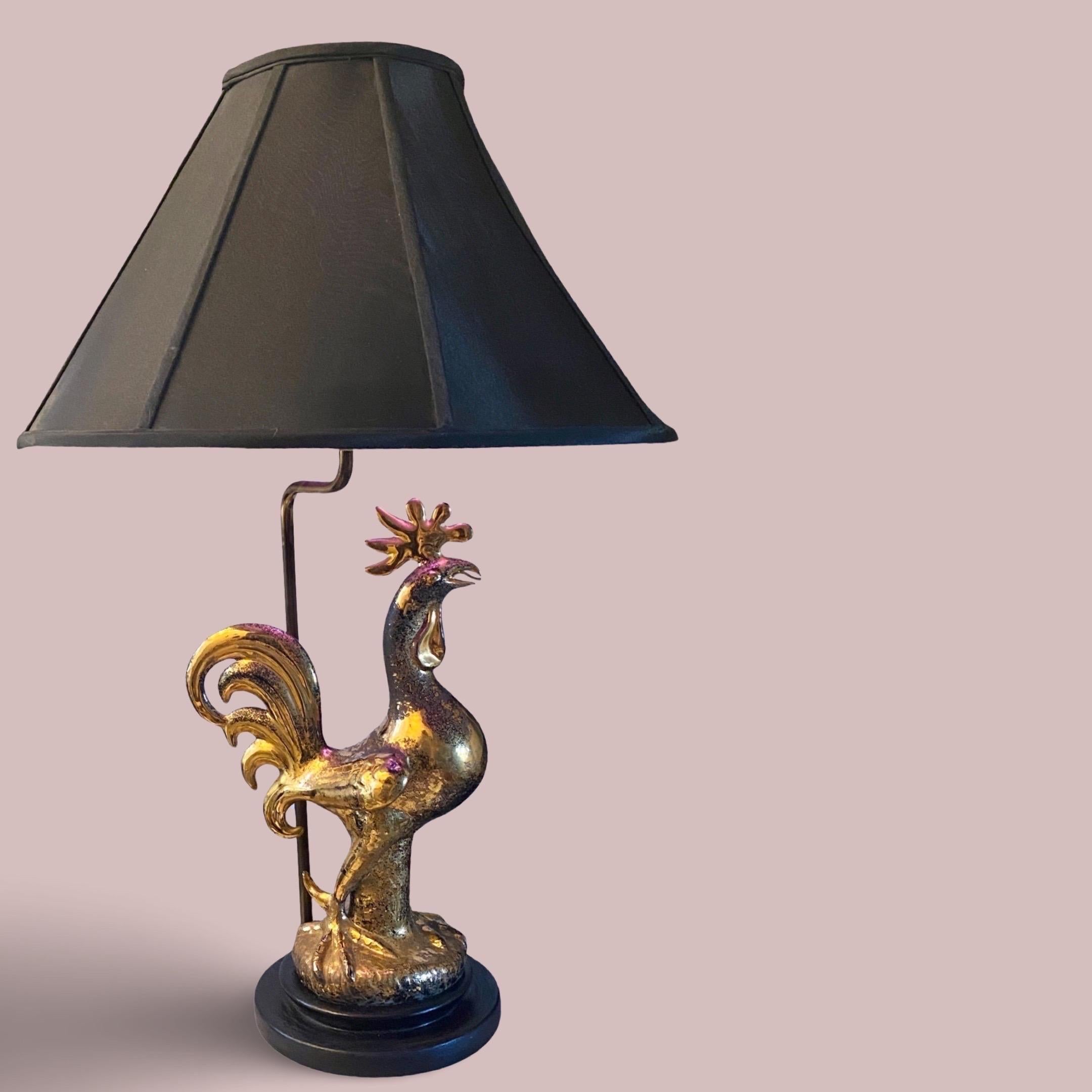 Sascha Brastoff One of a Kind Gold Plated and Black Rooster Table Lamp  Signed  For Sale 8