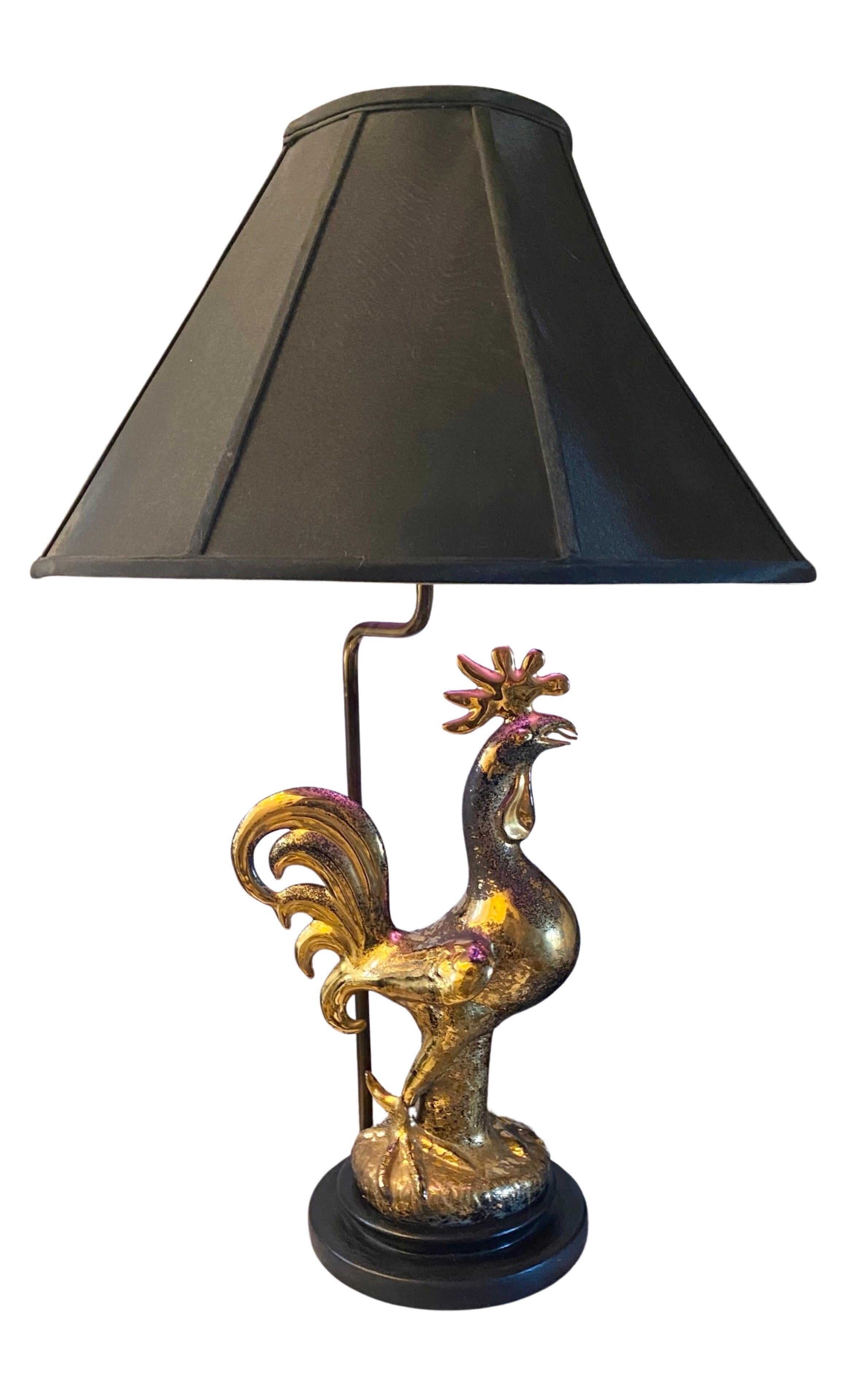 American Sascha Brastoff One of a Kind Gold Plated and Black Rooster Table Lamp  Signed  For Sale