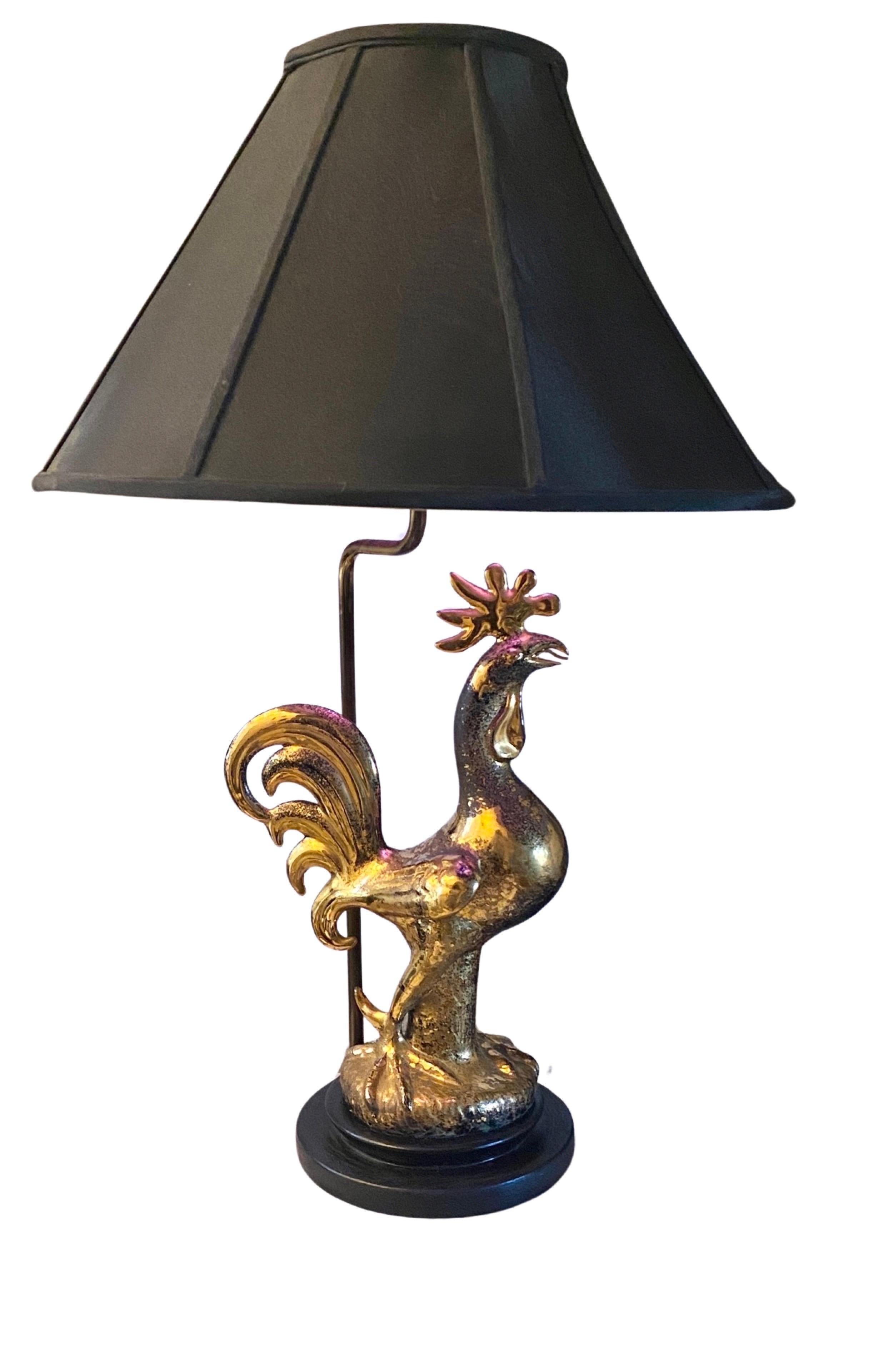 Sascha Brastoff One of a Kind Gold Plated and Black Rooster Table Lamp  Signed  In Good Condition For Sale In Palm Springs, CA