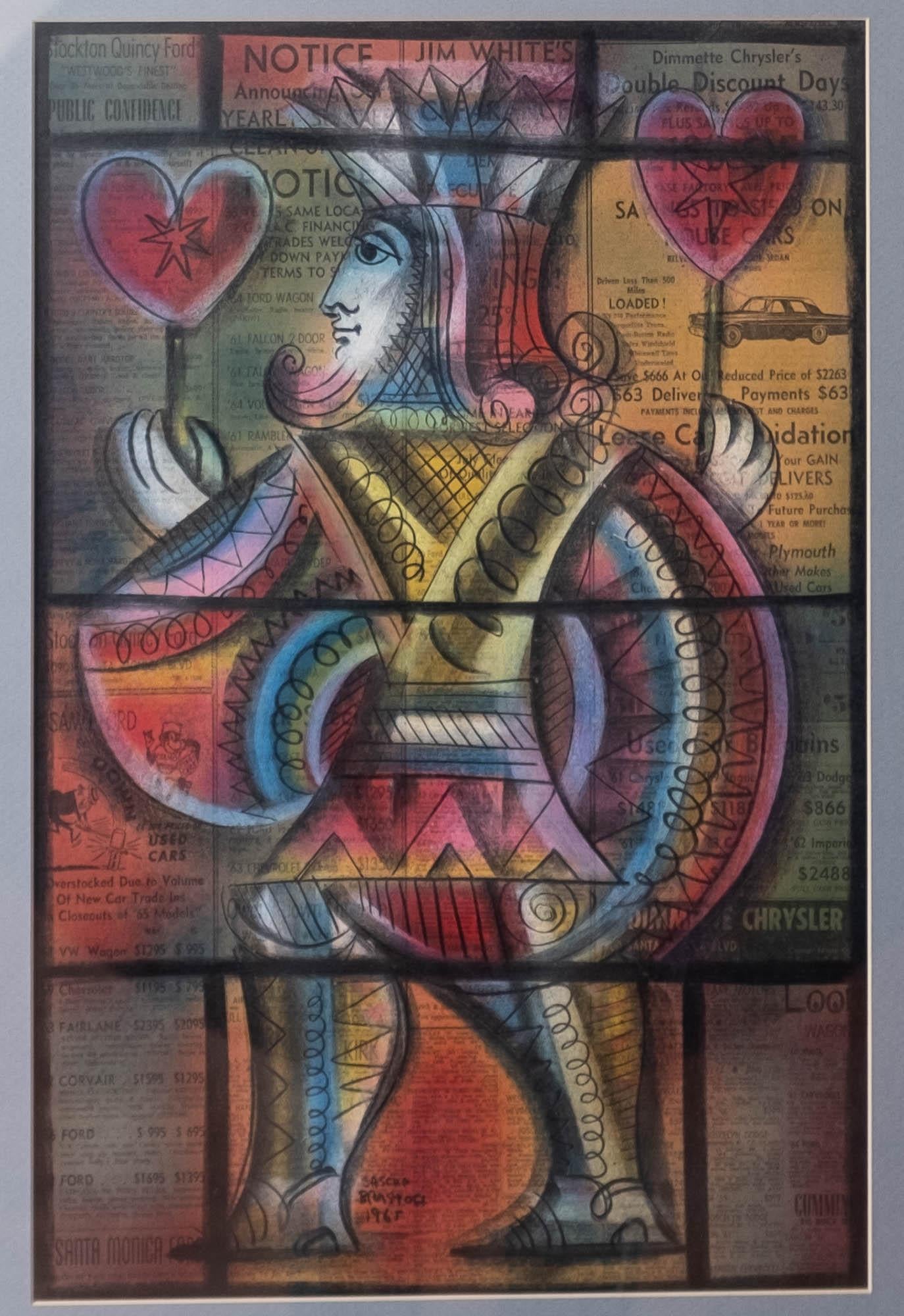 Sascha Brastoff original King of Hearts drawing. Charcoal on period newspaper. Signed and dated 1965. Great original matching hand carved wood frame with a hearts theme.