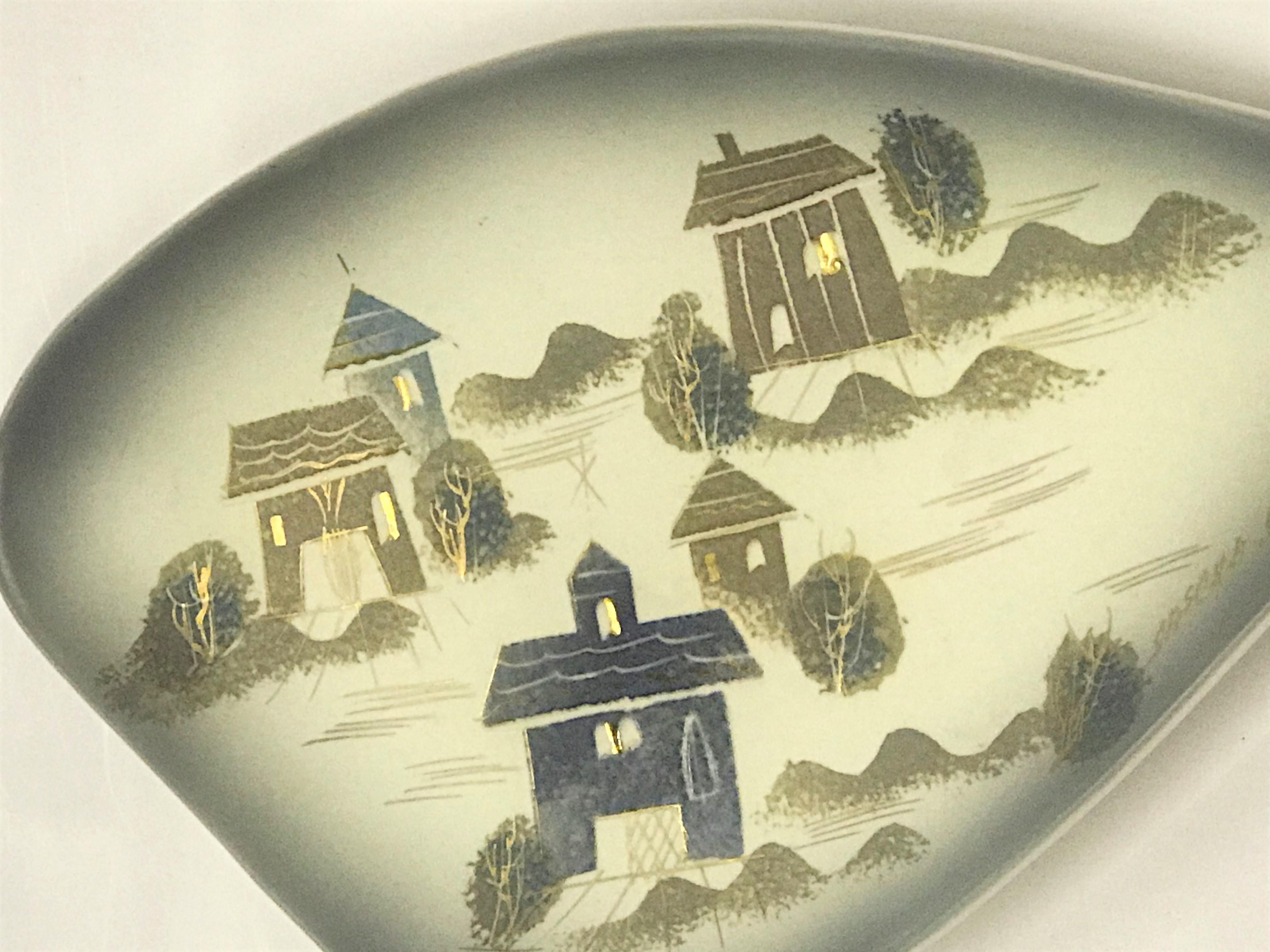 Vintage 1950s Sascha Brastoff Rooftops collection decorative candy or nut dish or bowl / pale grey blue, soft green houses / 14-karat gold details / hand signed in Gold Sascha B / Mold Number F3 / on back rooster backstamp with Sascha Brastoff under