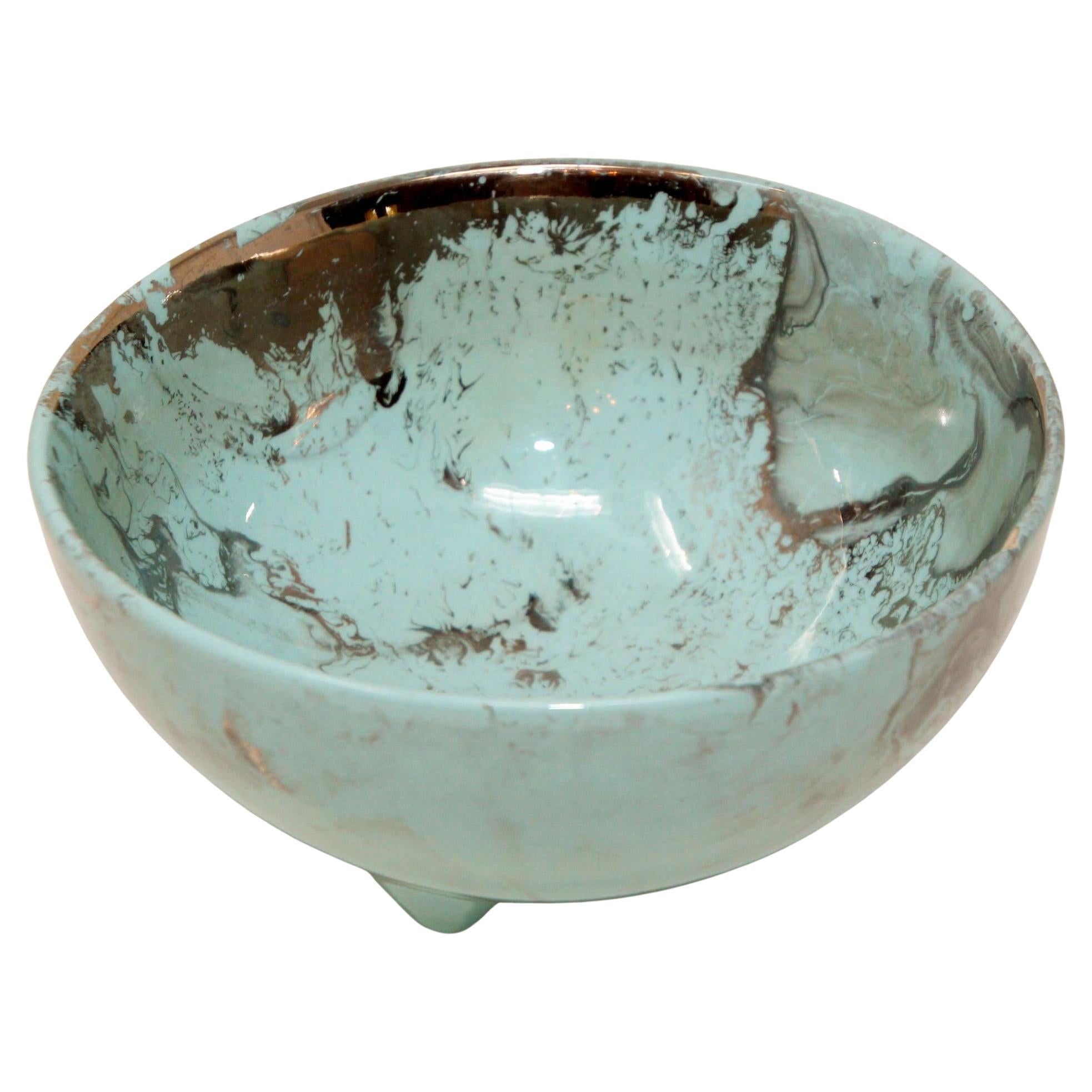 Sascha Brastoff "Surf Ballet" Footed Bowl Aqua Blue and Silver For Sale