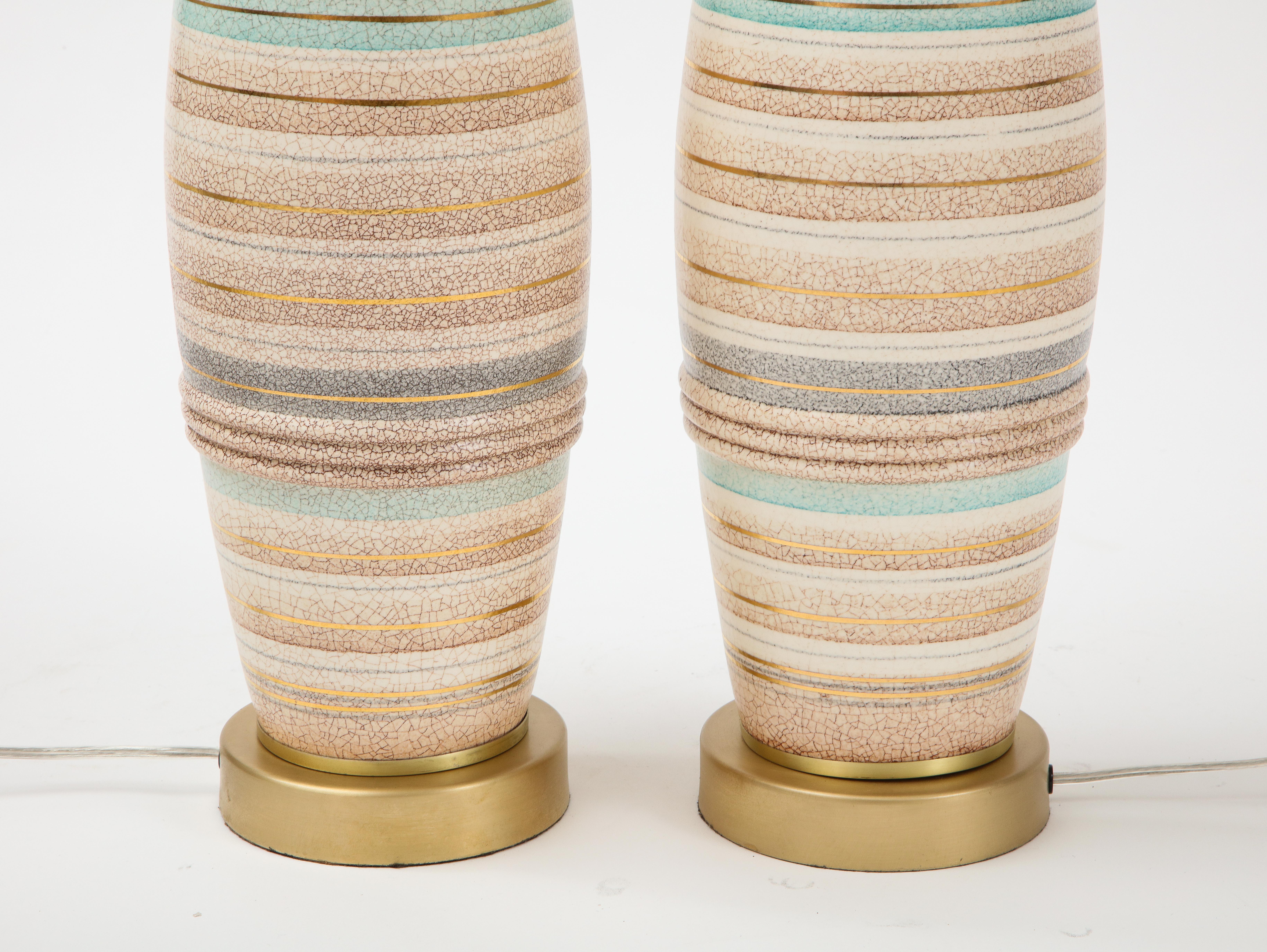 Sascha Brastoff Tan, Ivory Green Striped Ceramic Lamps 5