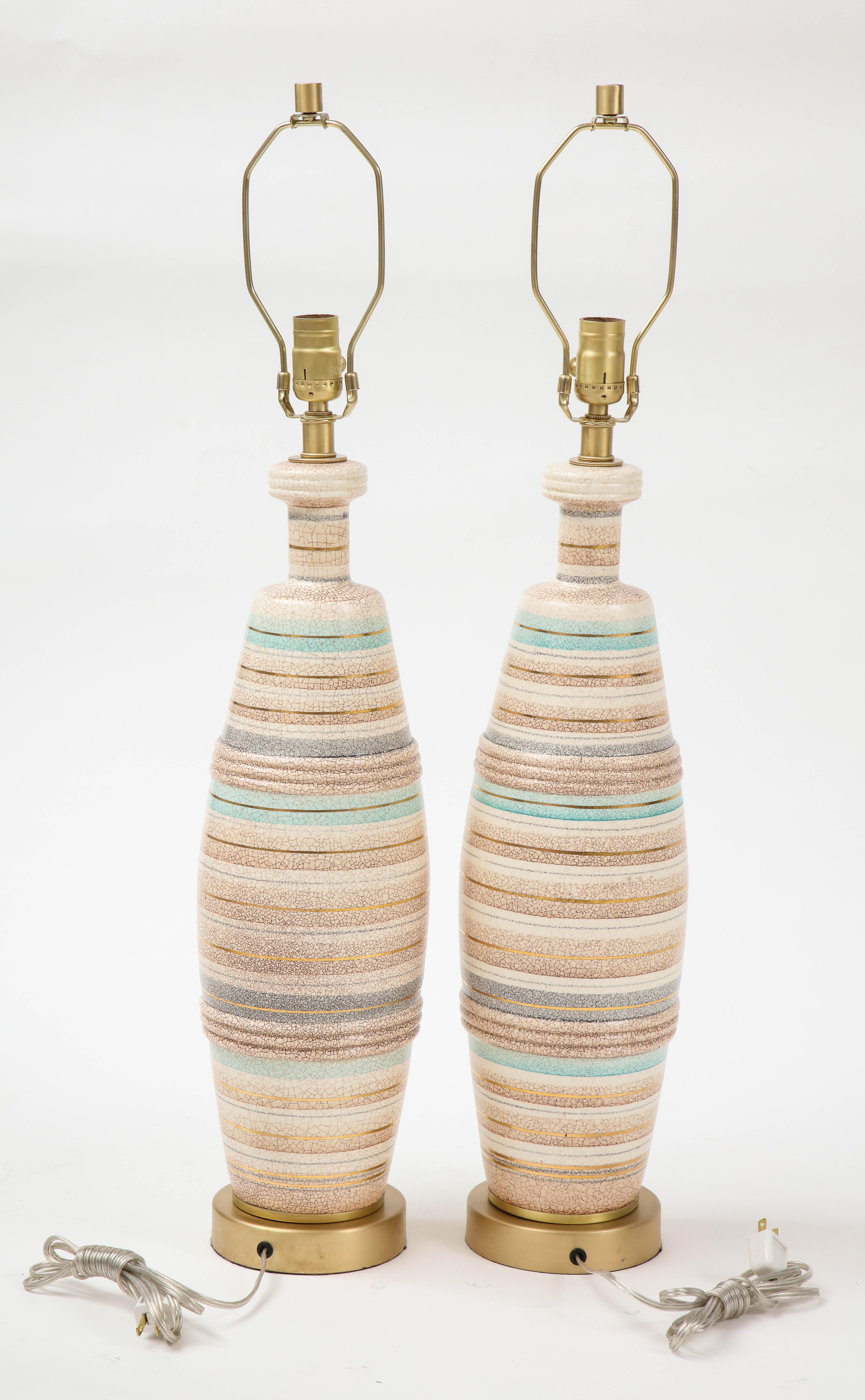 Brushed Sascha Brastoff Tan, Ivory Green Striped Ceramic Lamps