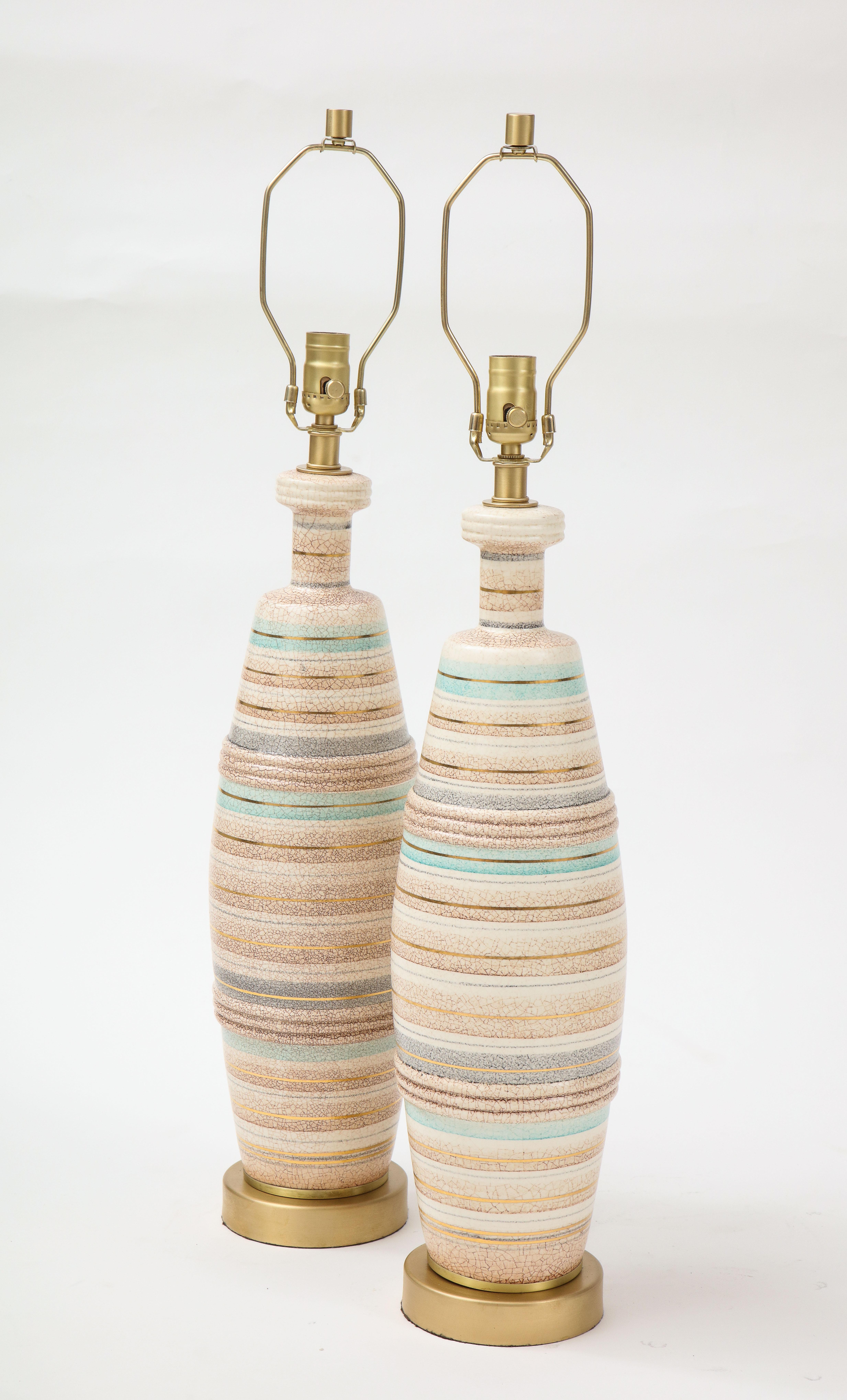 Sascha Brastoff Tan, Ivory Green Striped Ceramic Lamps In Good Condition In New York, NY