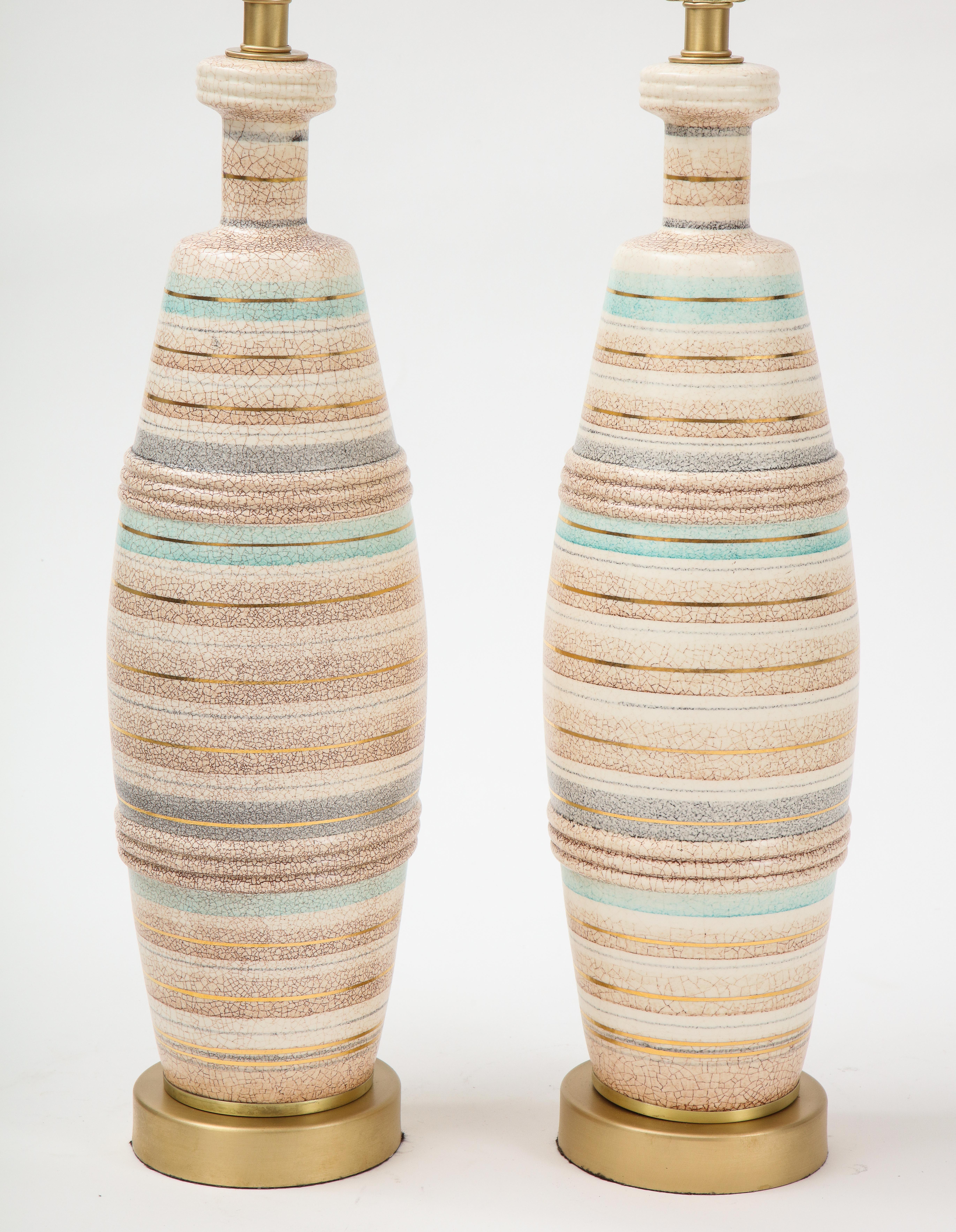 20th Century Sascha Brastoff Tan, Ivory Green Striped Ceramic Lamps