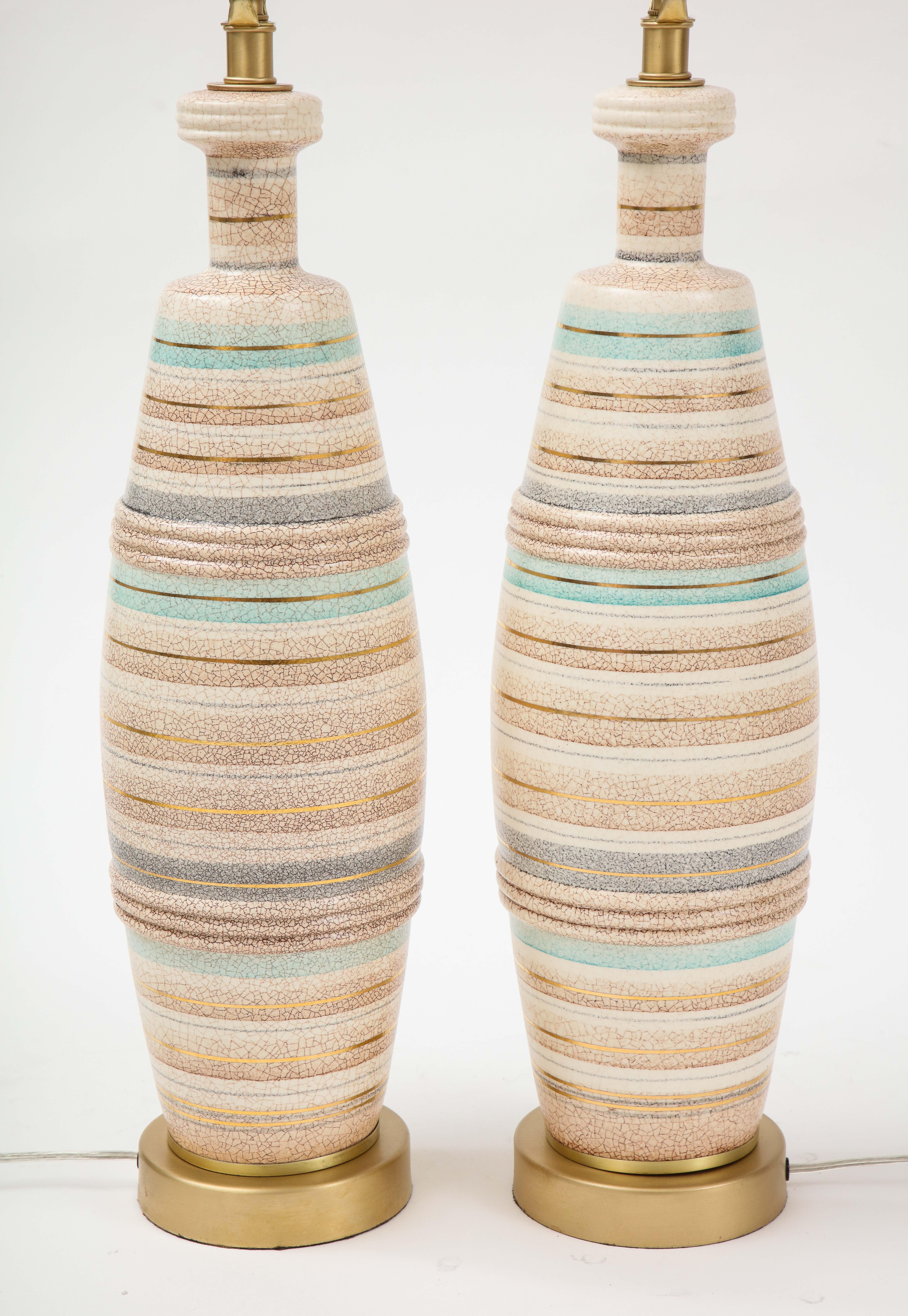 Sascha Brastoff Tan, Ivory Green Striped Ceramic Lamps 1