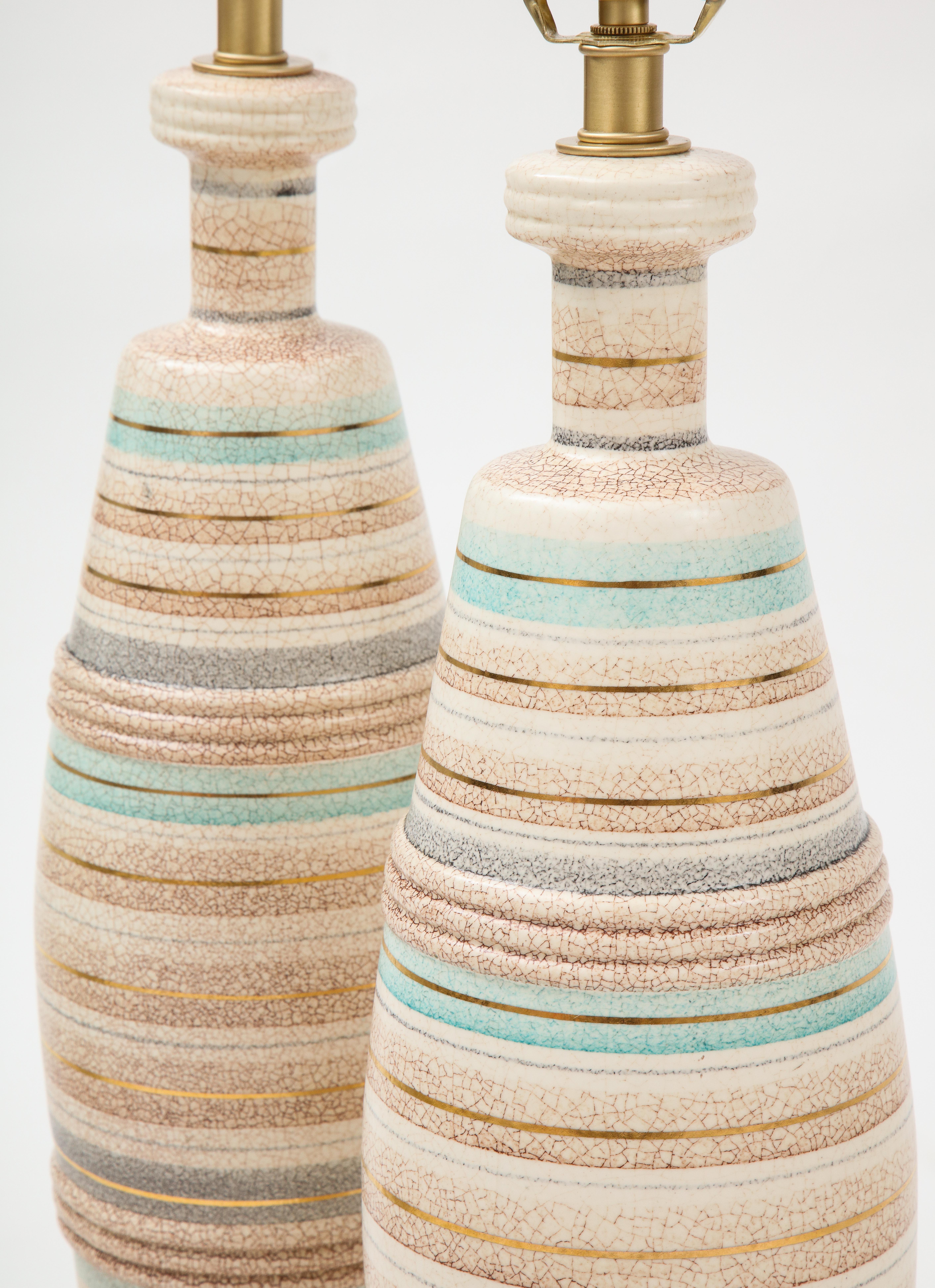 Sascha Brastoff Tan, Ivory Green Striped Ceramic Lamps 2
