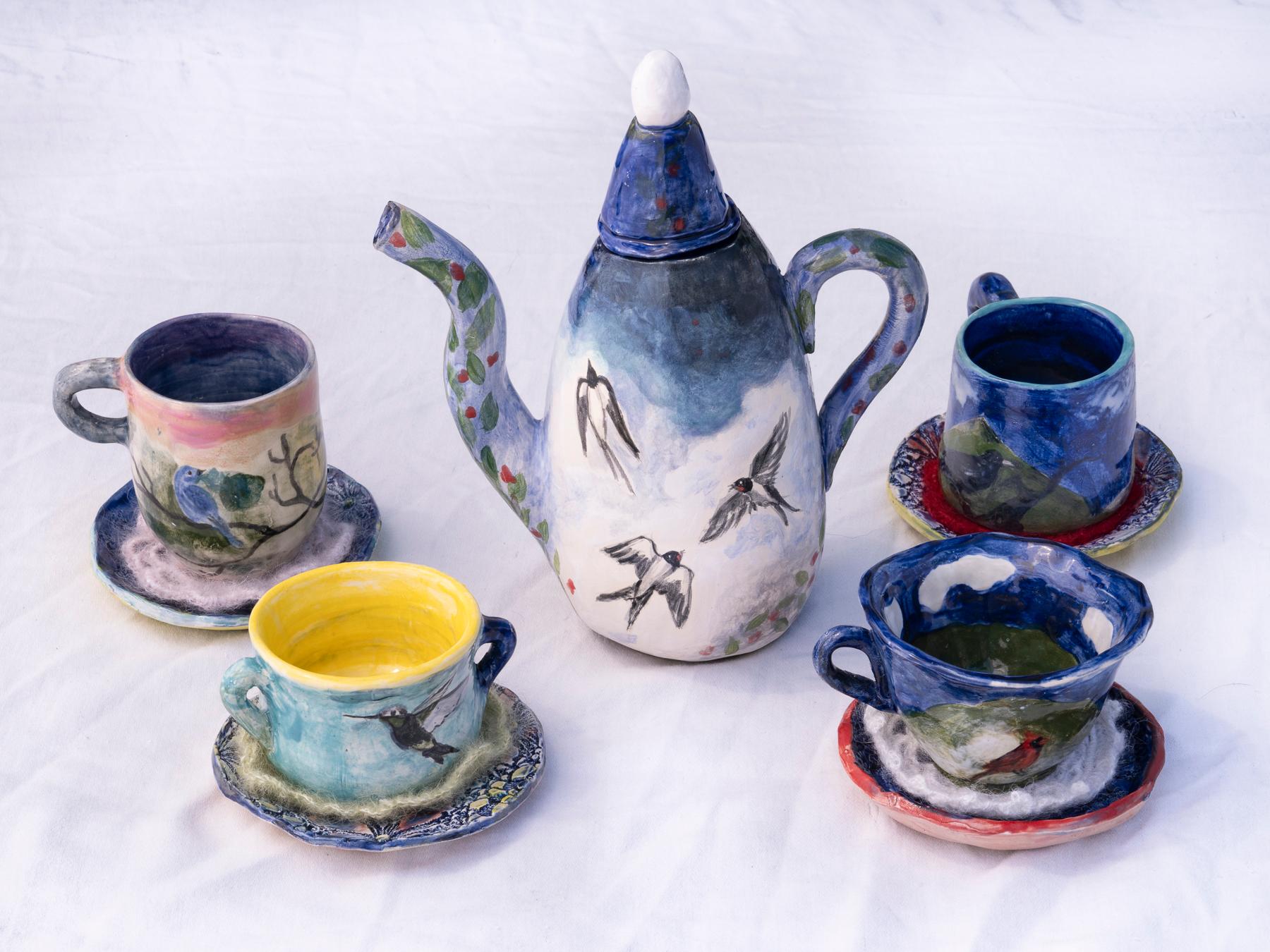 "After the Rain" hand painted tea set with birds, swallows, ravens, cardinals,