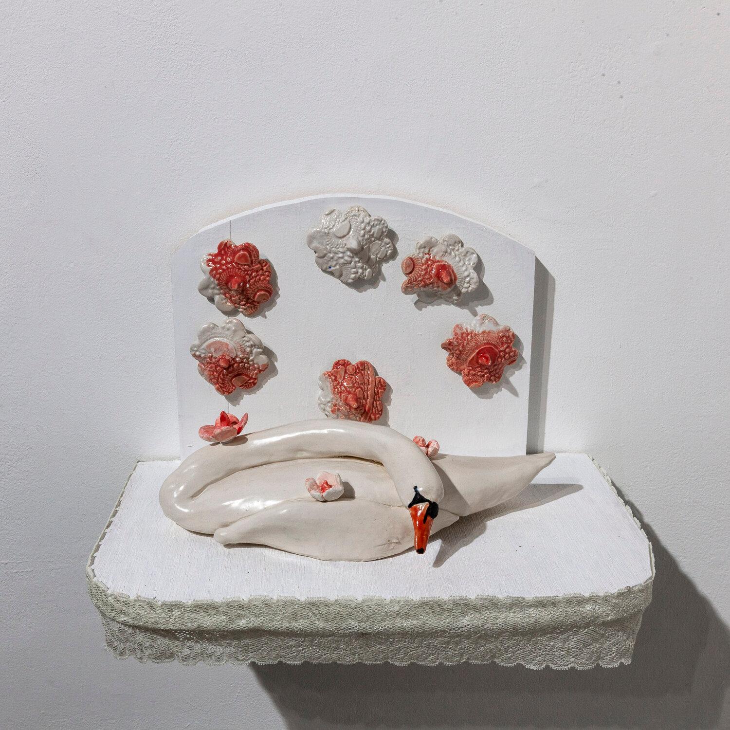 "Sleeping Swan" ceramic sculpture with lace, hand sculpted flowers and swan 