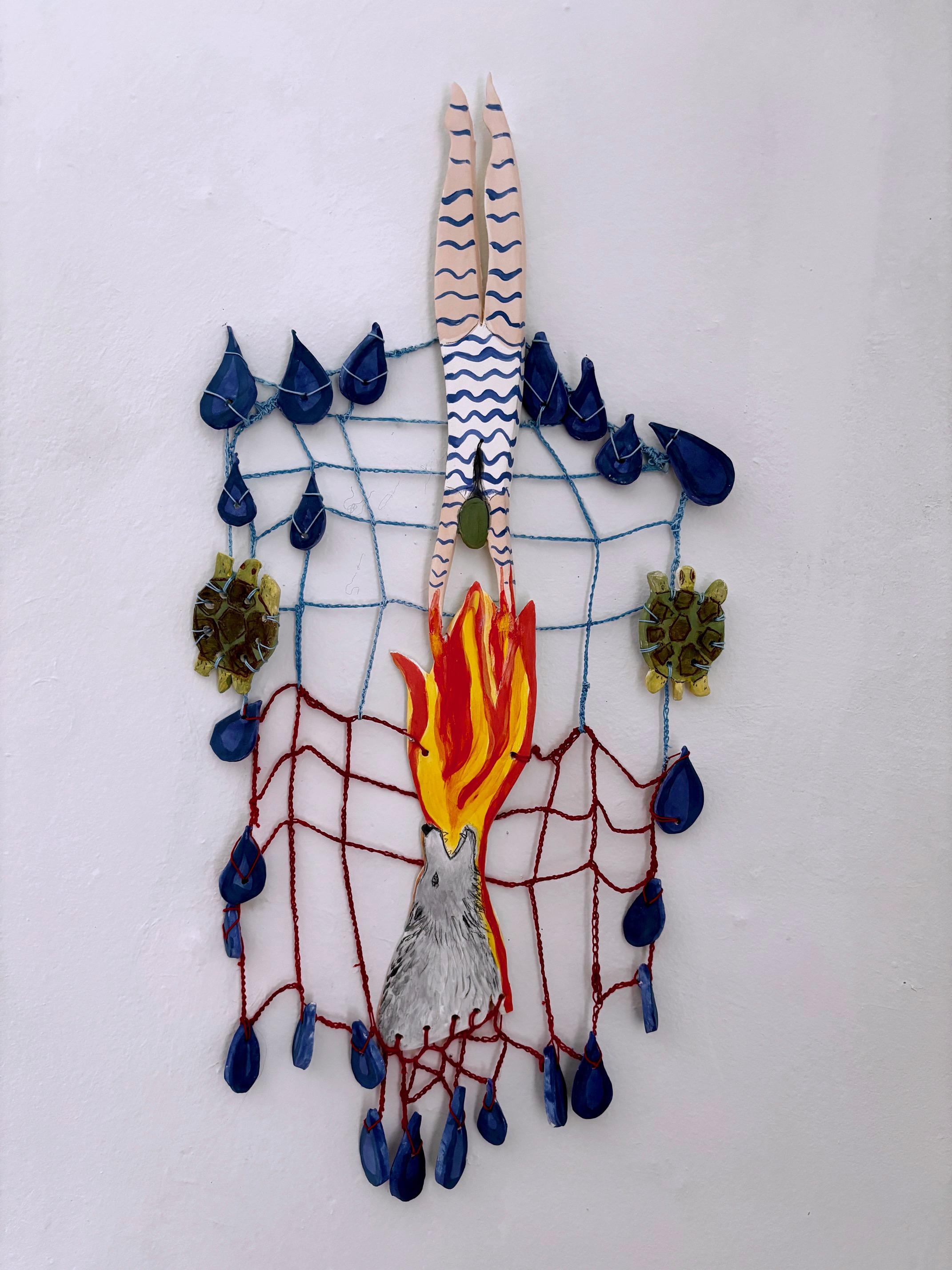 Sascha Mallon Figurative Sculpture - "Water, Tears and Turtles" Contemporary Ceramic and Fiber Wall Sculpture