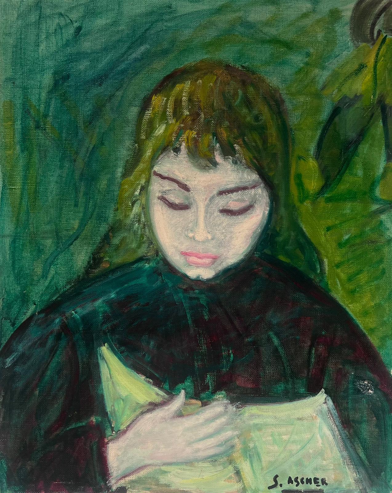 1950's Französisch Modernist signiert Ölgemälde Porträt der jungen Dame in Grün – Painting von S.Ascher
