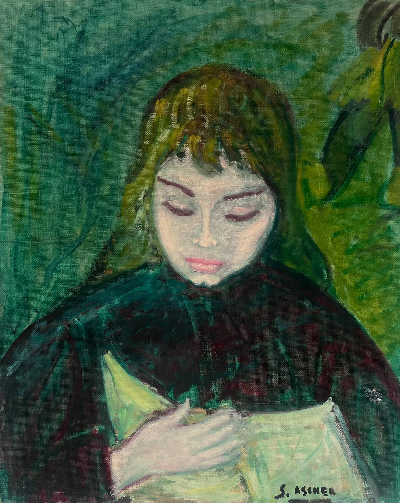 S.Ascher Portrait Painting – 1950's Französisch Modernist signiert Ölgemälde Porträt der jungen Dame in Grün