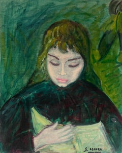 1950's Französisch Modernist signiert Ölgemälde Porträt der jungen Dame in Grün