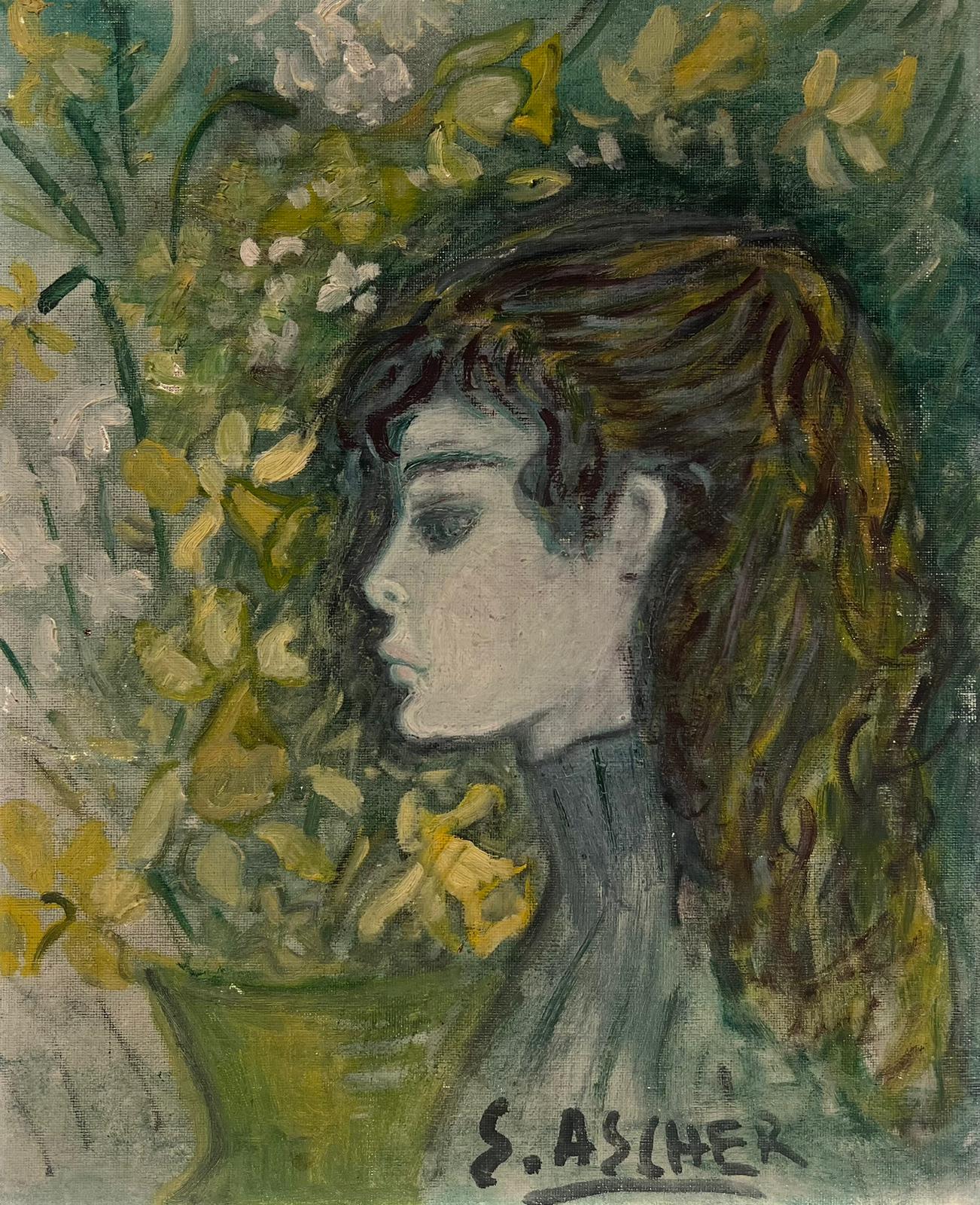 Mitte des 20. Jahrhunderts Französisch Modernist Porträt einer jungen Dame Grün & Gelb Farben – Painting von S.Ascher