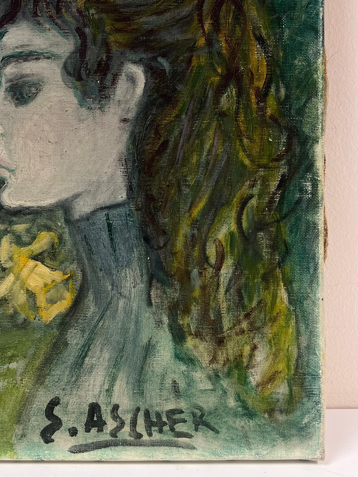 Mid 20th Century French Modernist Portrait of a Young Lady Green & Yellow Colors For Sale 1