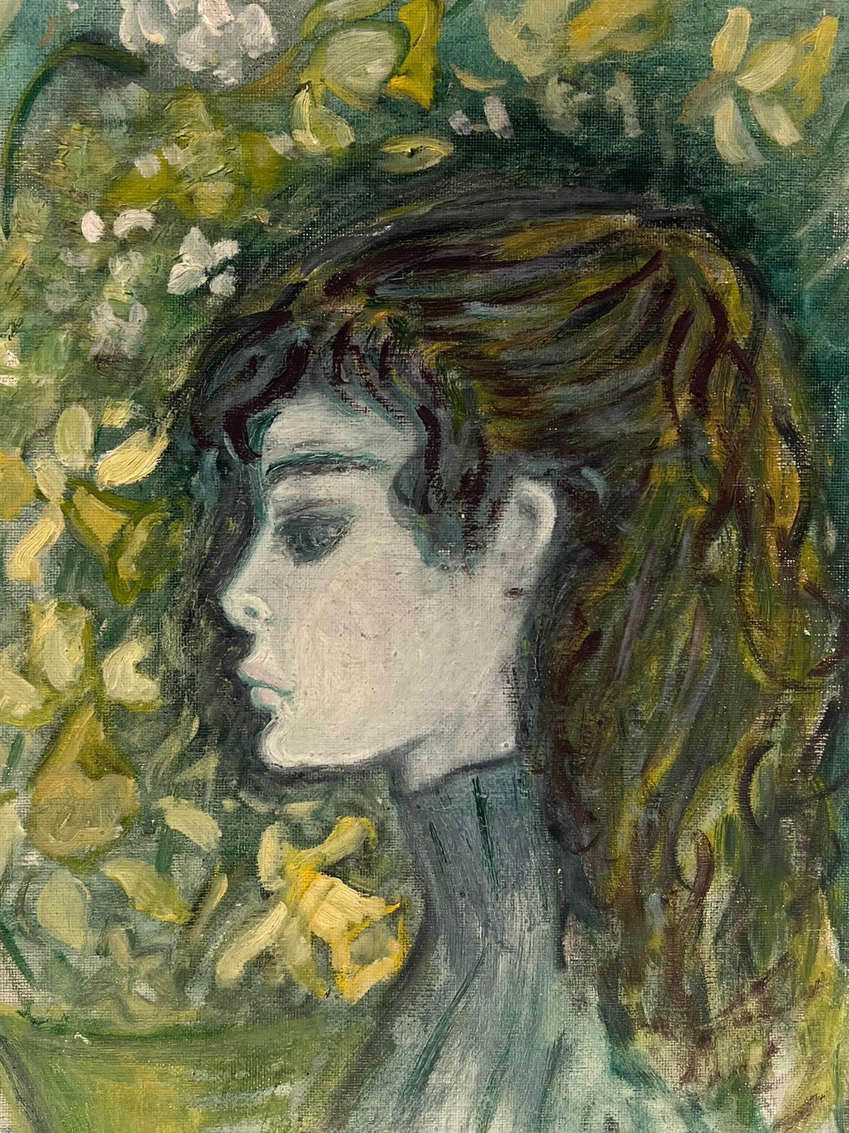 Mitte des 20. Jahrhunderts Französisch Modernist Porträt einer jungen Dame Grün & Gelb Farben im Angebot 1