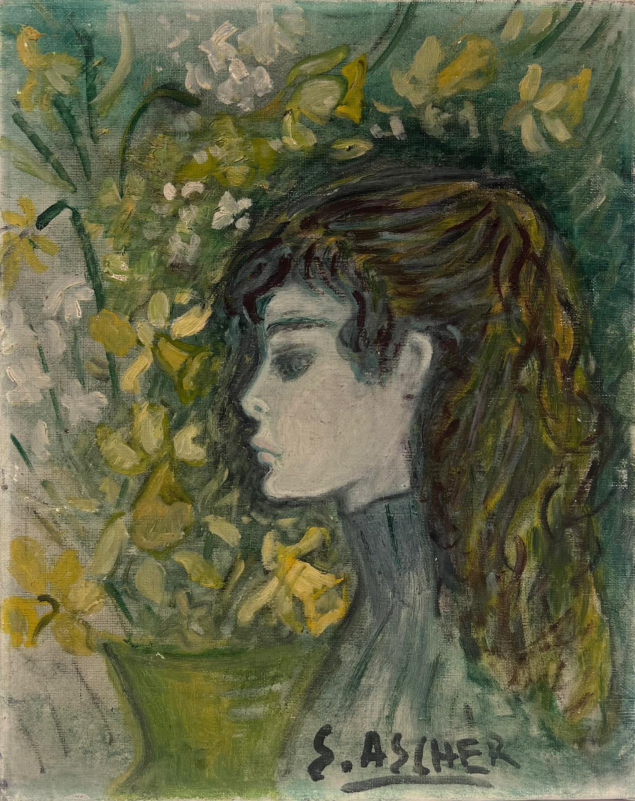 S.Ascher Figurative Painting – Mitte des 20. Jahrhunderts Französisch Modernist Porträt einer jungen Dame Grün & Gelb Farben