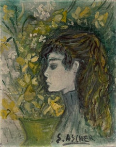 Portrait moderniste français du milieu du 20e siècle d'une jeune femme aux couleurs vertes et jaunes