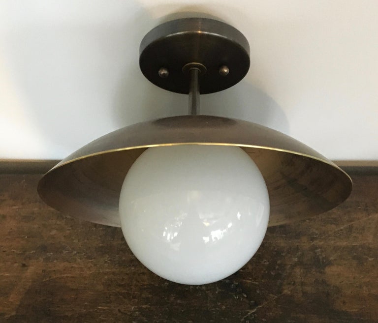 Sasco Semi-Flush Mount Brass Light Fixture, Custom Finishes In New Condition For Sale In Pound Ridge, NY