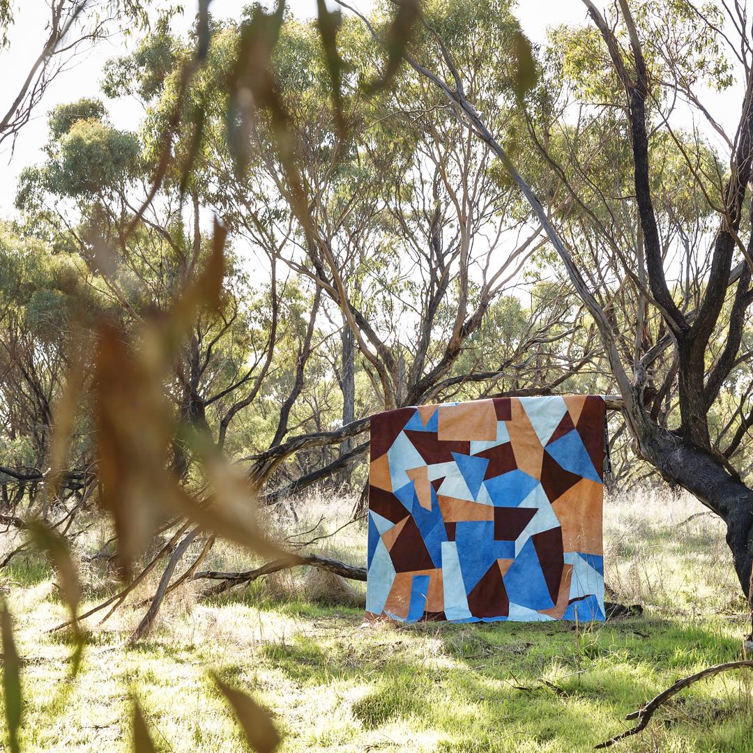 Machine-Made Sasha Bikoff X Art Hide Customizable Cowhide Blue Fragments Area Rug For Sale