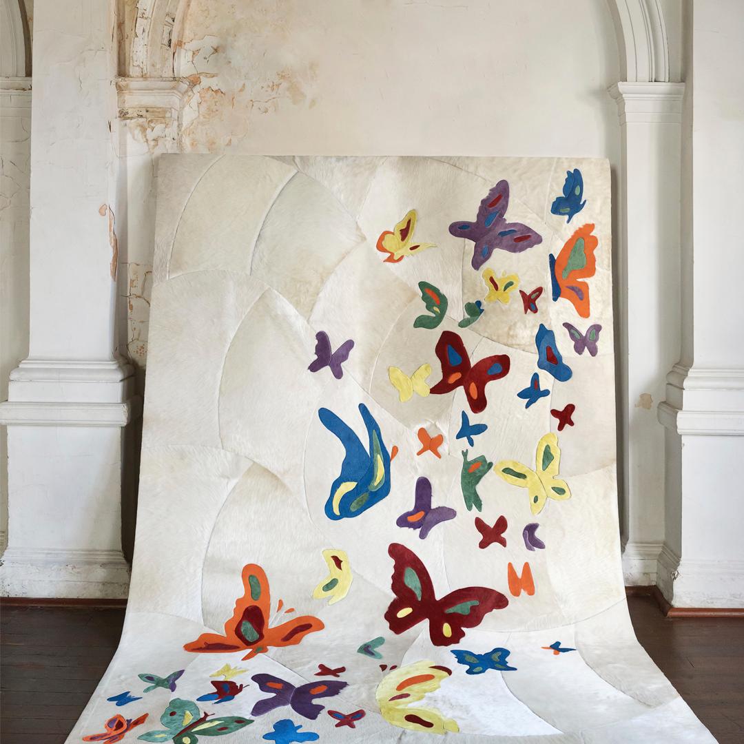 Machine-Made Sasha Bikoff X Art Hide Customizable Cowhide Butterfly Mariposa Area Rug Small For Sale
